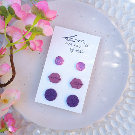 Trio set stud earrings - purples
