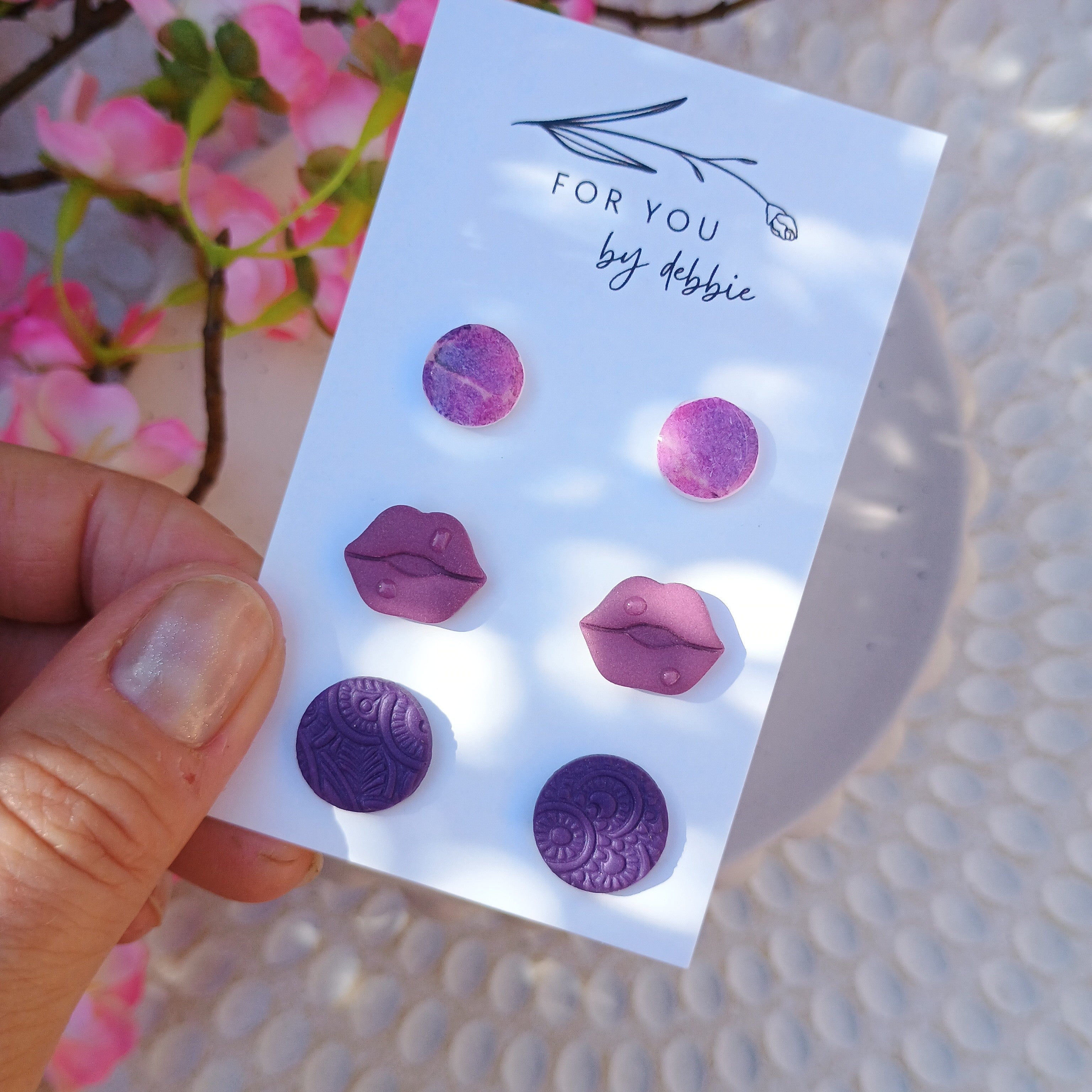 Trio set stud earrings - purples