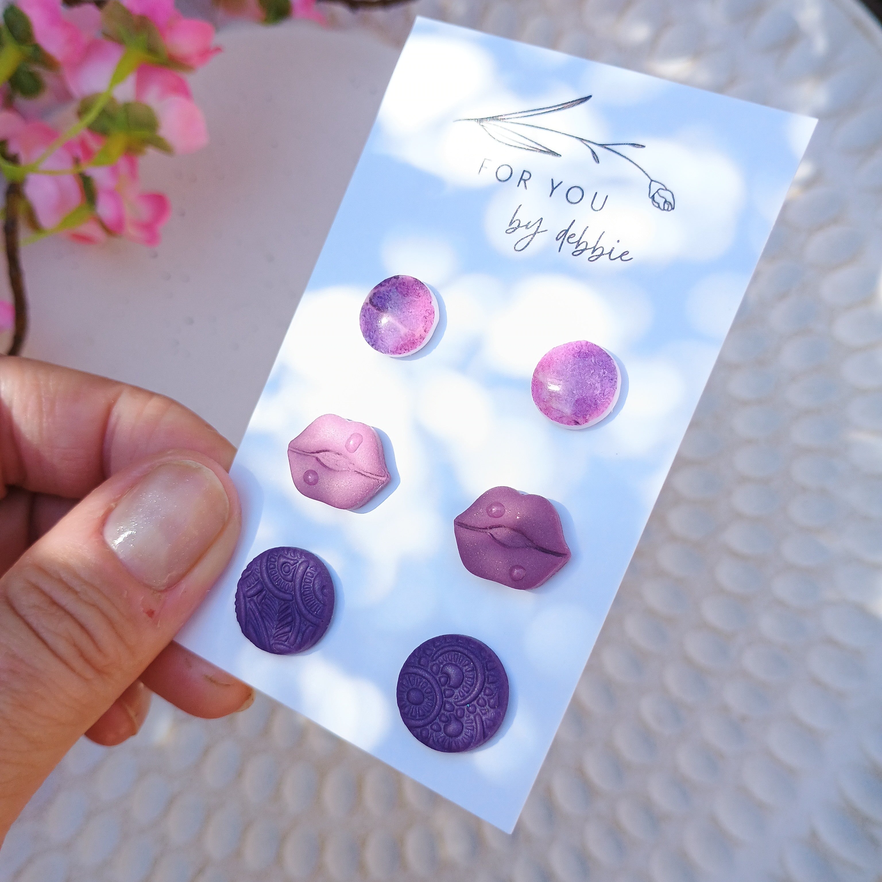 Trio set stud earrings - purples