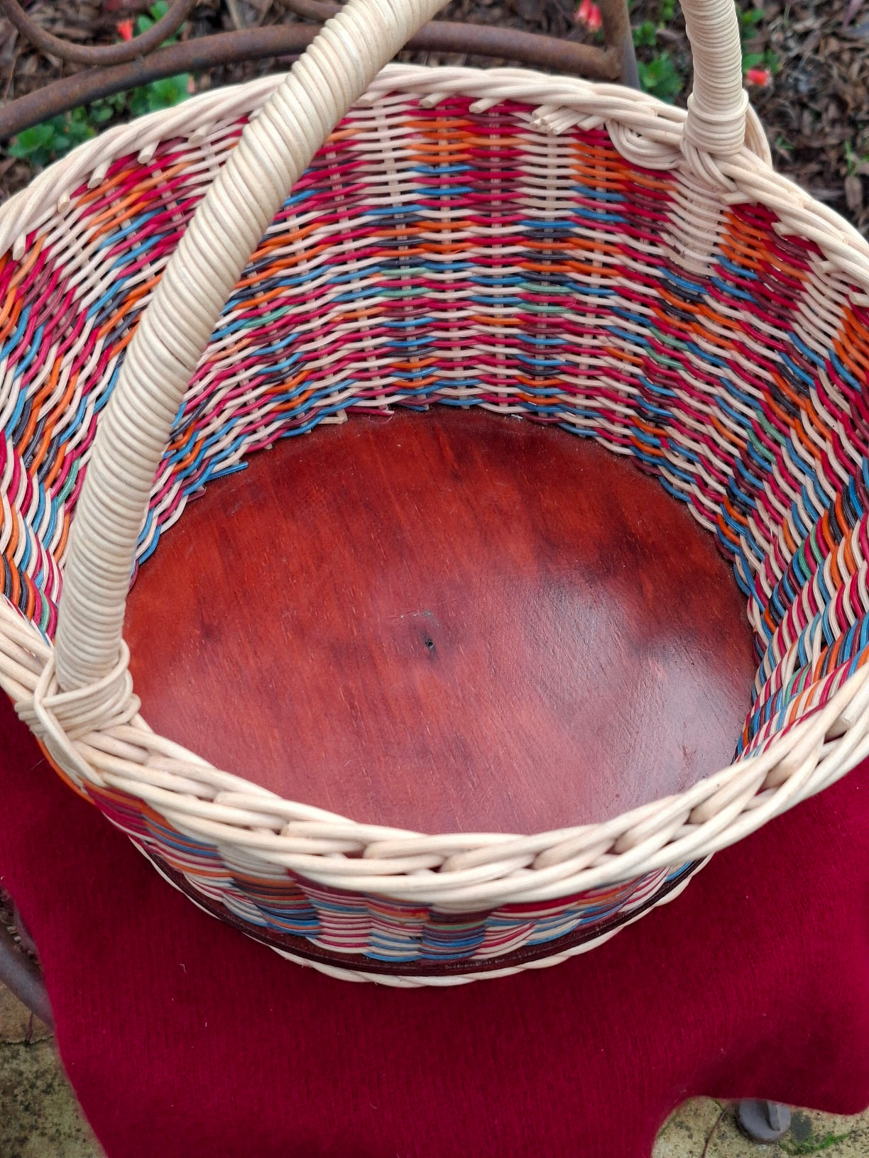 Large Round Market Basket brown, blue, orange, red and natural.