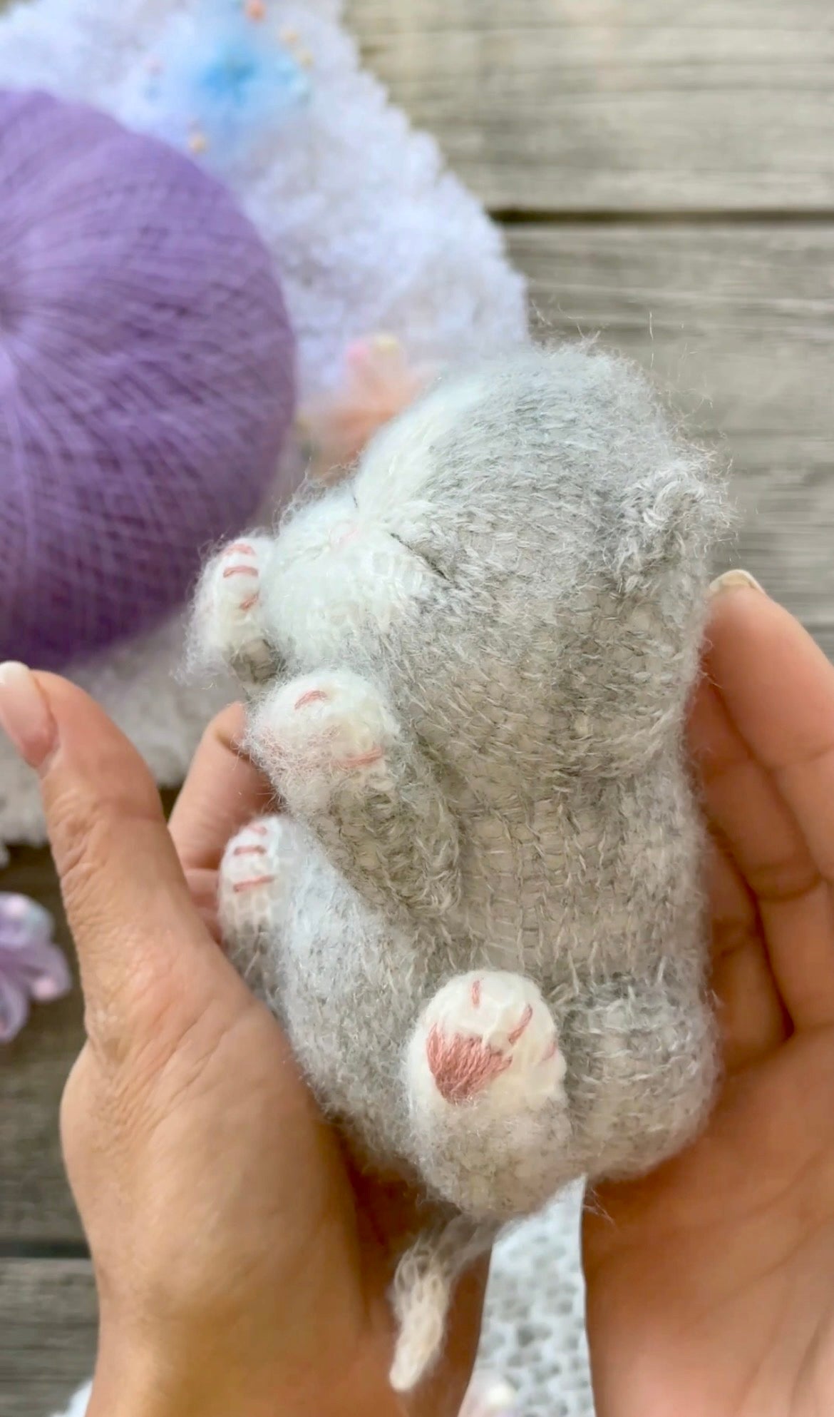 Handmade Grey and White Knitted Sleeping Kitty Toy in The Purple Bunny Hat and Blanket