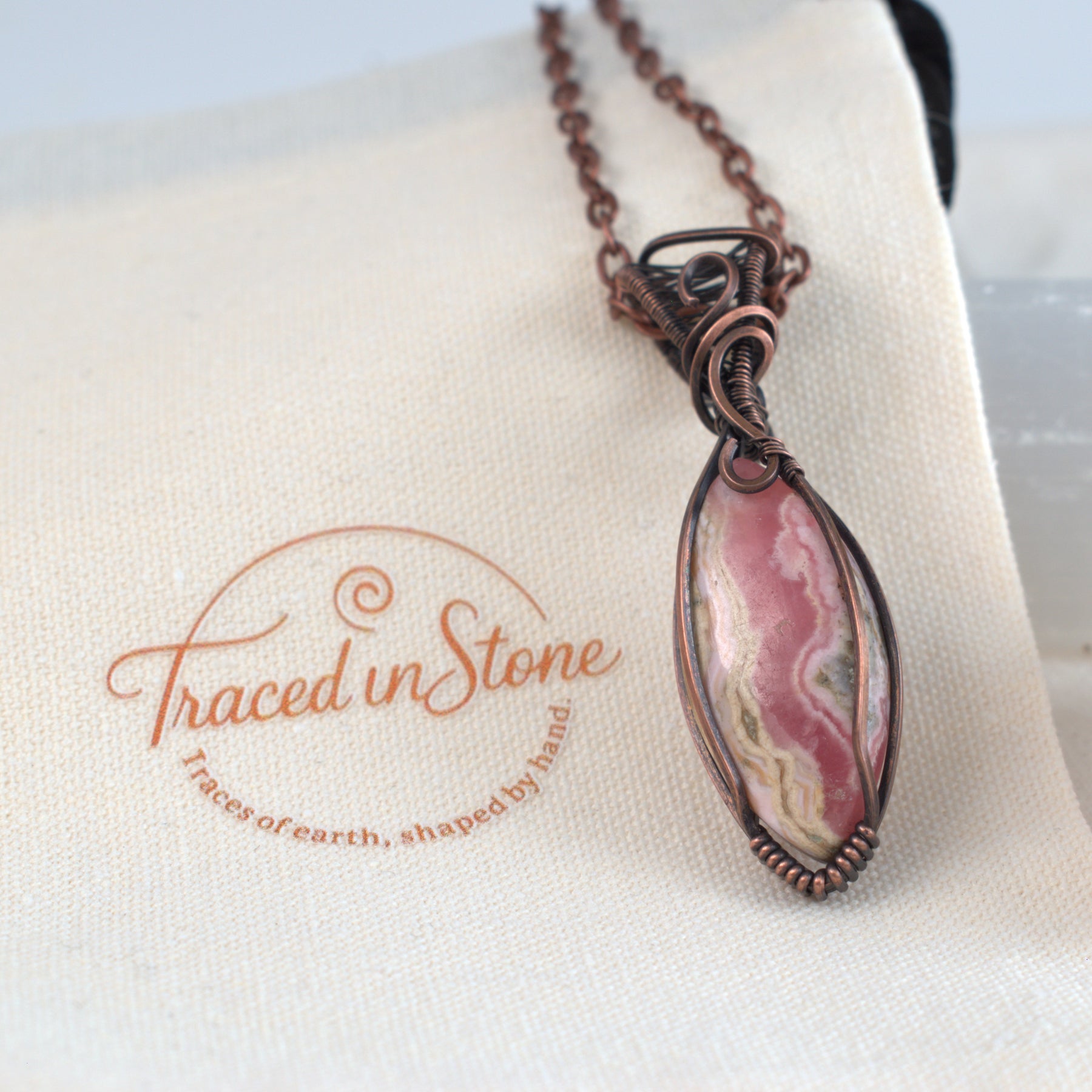 Rose Canyon – Rhodochrosite Oxidised Copper Pendant