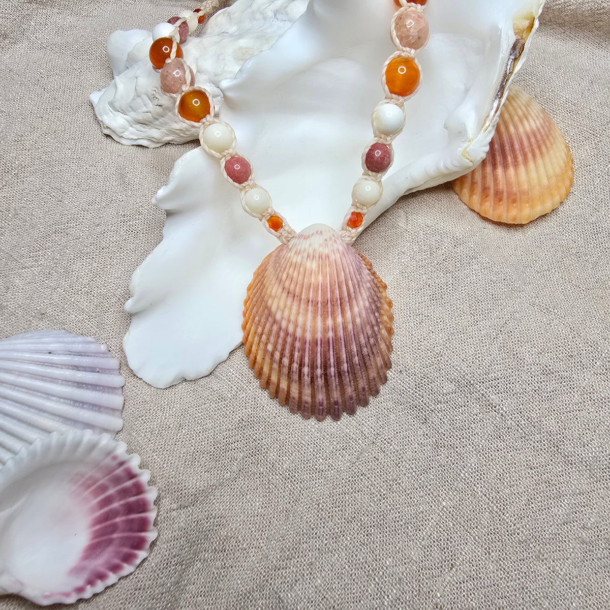 Cockle Shell Necklace with Carnelian, Peach Calcite & Thulite