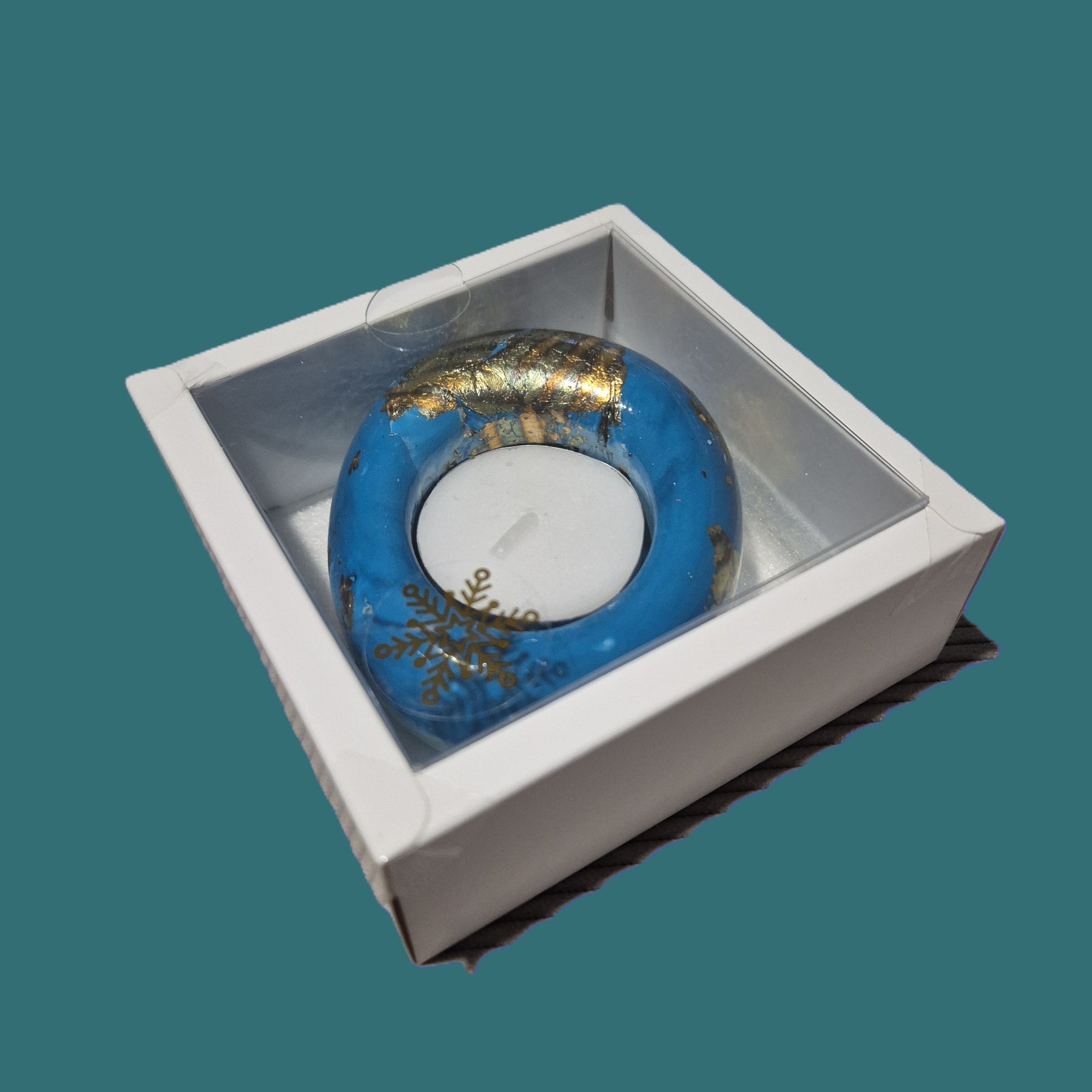 Teal and gold eco-stone pebble shaped tealight candle holder