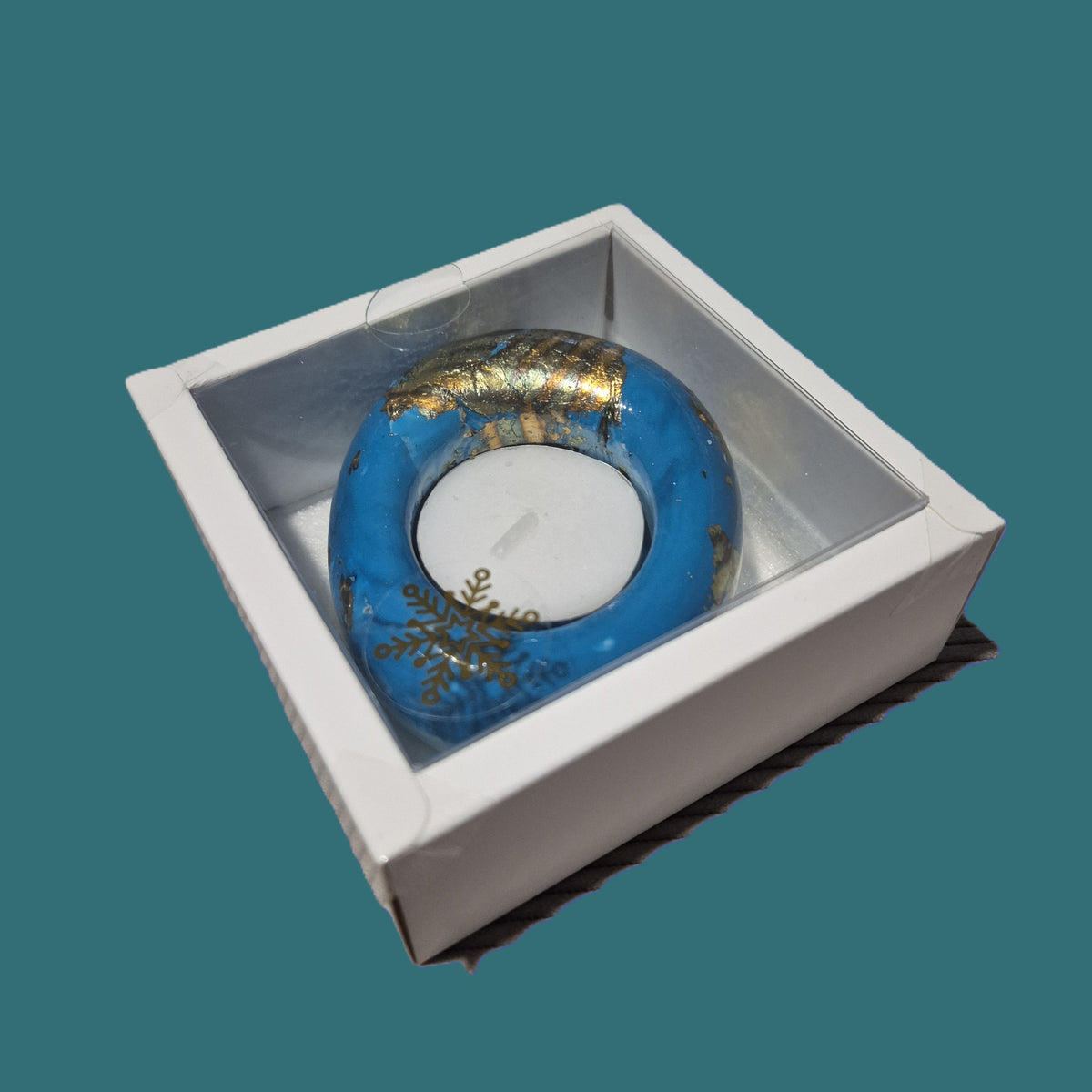 Teal and gold eco-stone pebble shaped tealight candle holder