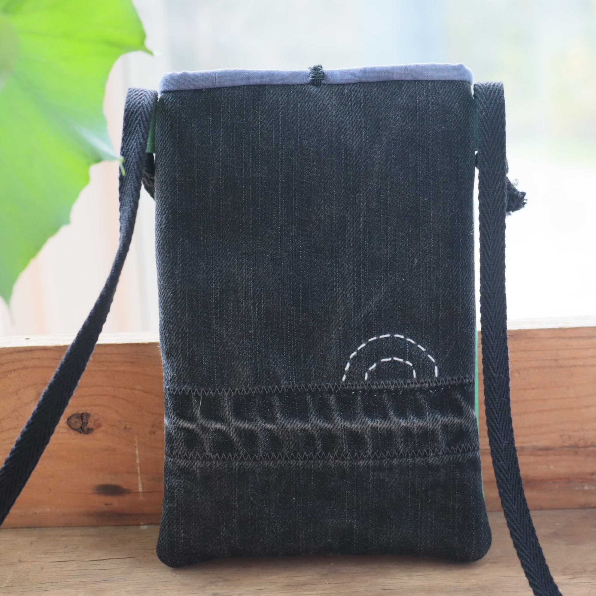 Tie Dyed Cross Body bag for Phone and Glasses, green, upcycled jeans