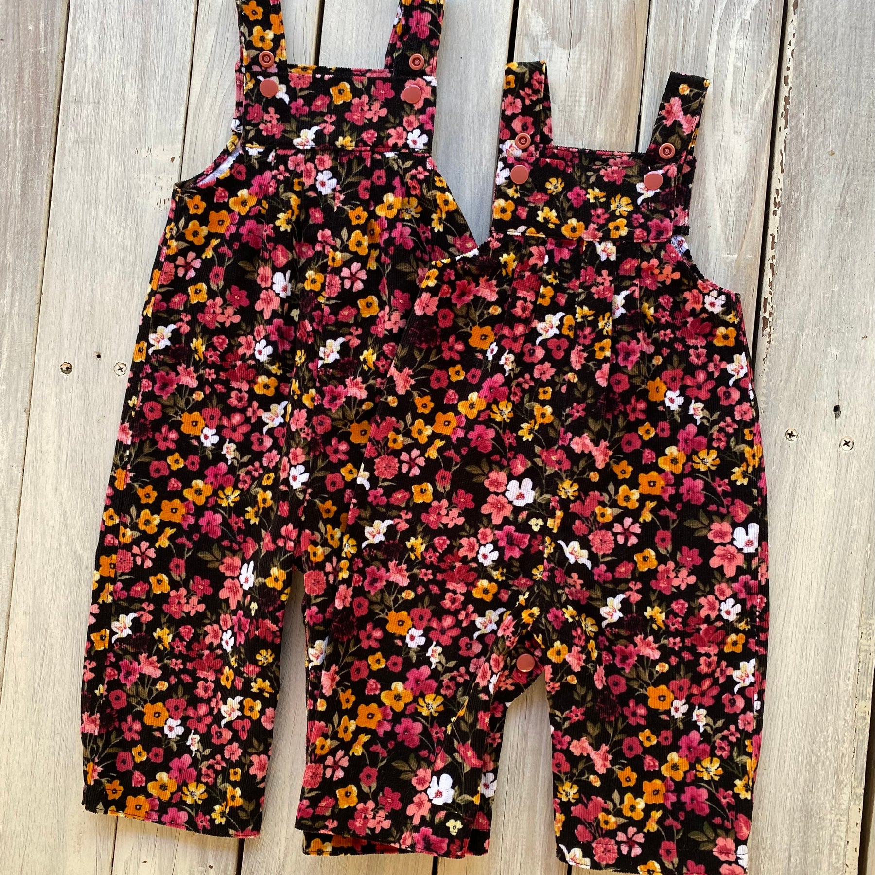 Corduroy Childs/Babies overalls pink/yellow floral multiple sizes