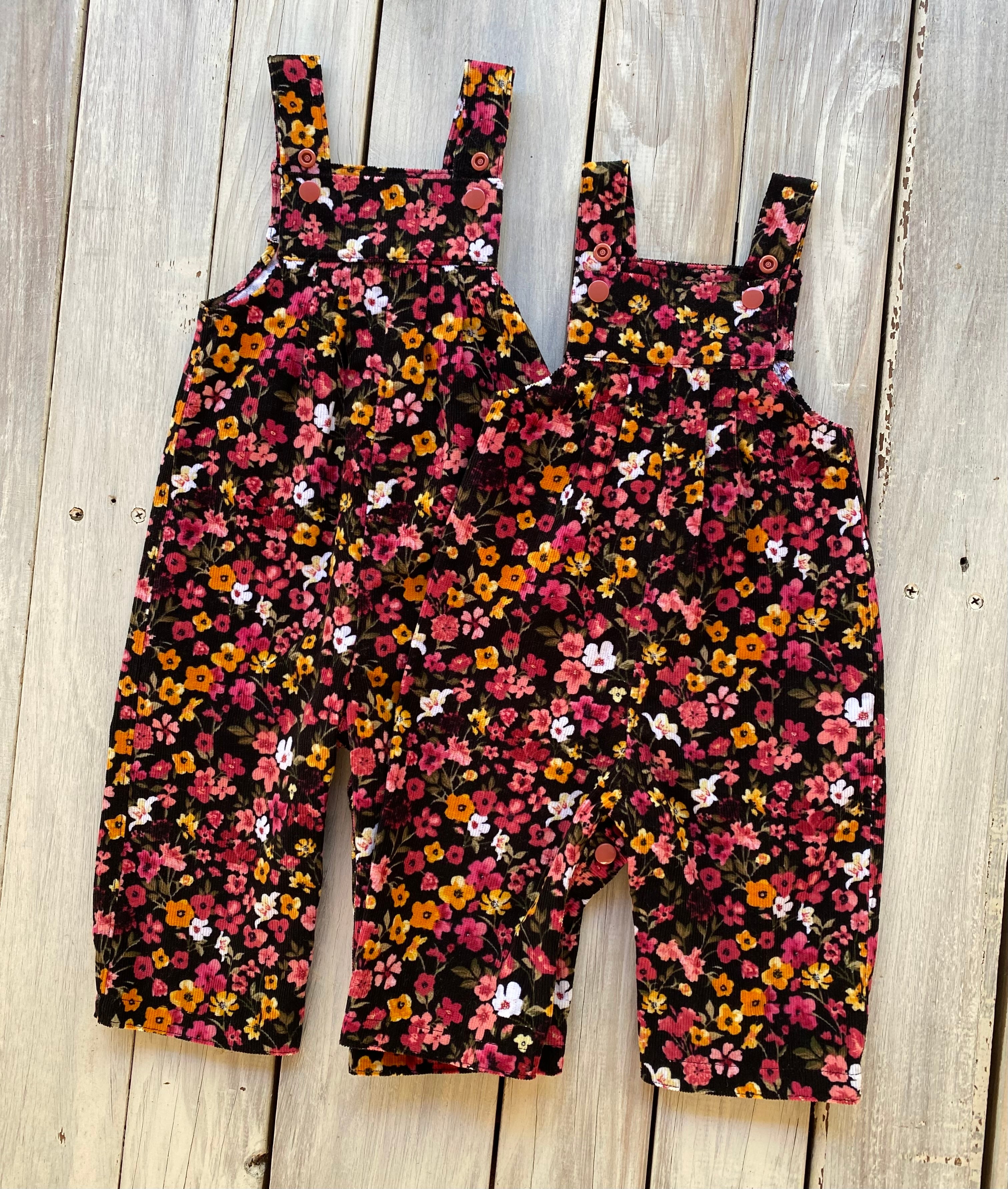 Corduroy Childs/Babies overalls pink/yellow floral multiple sizes