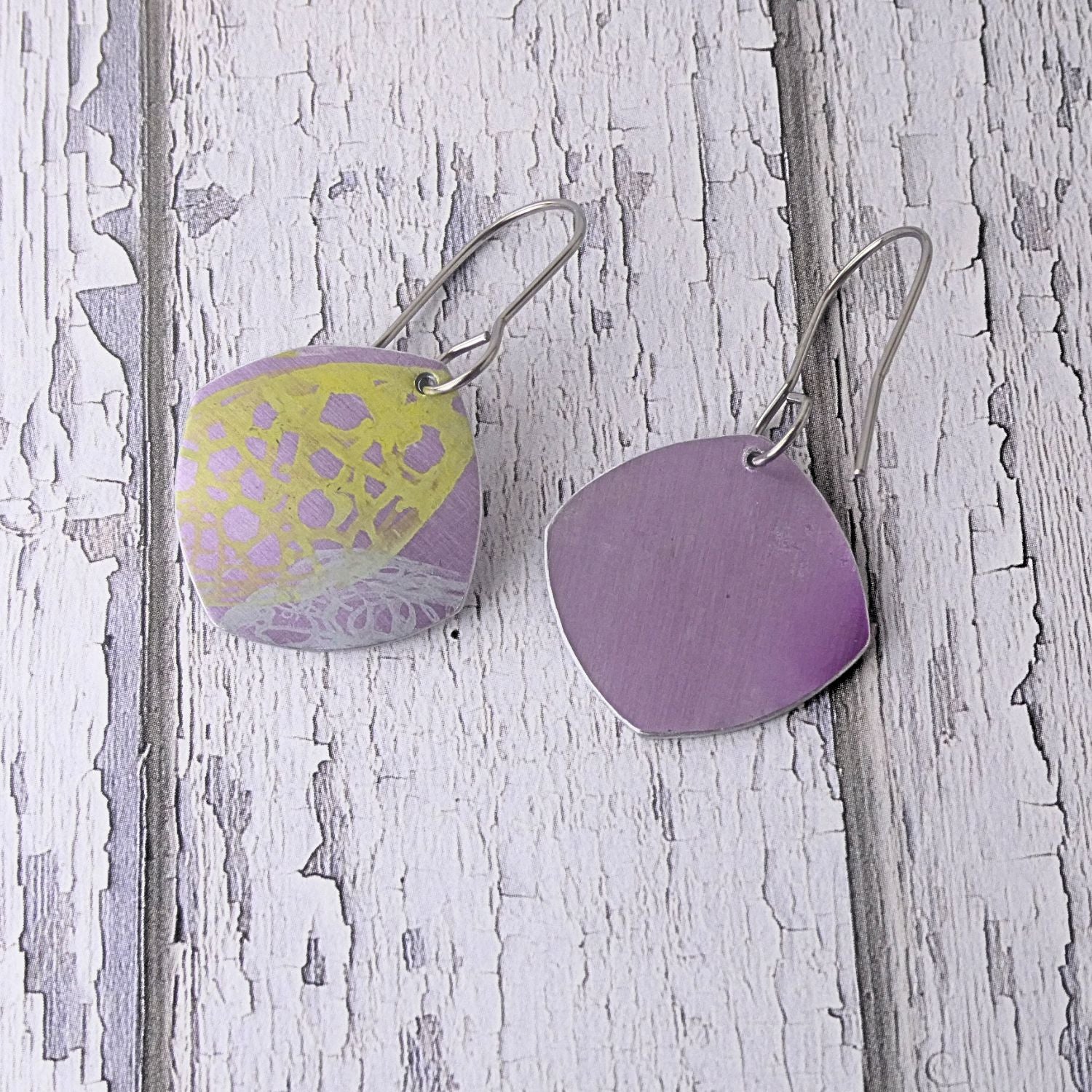 Anodised aluminium earrings hand printed Lemon Lace Collection