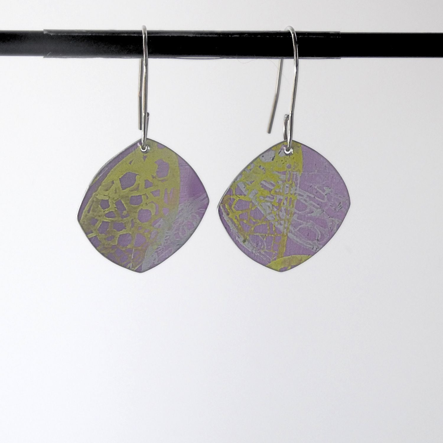 Anodised aluminium earrings hand printed Lemon Lace Collection