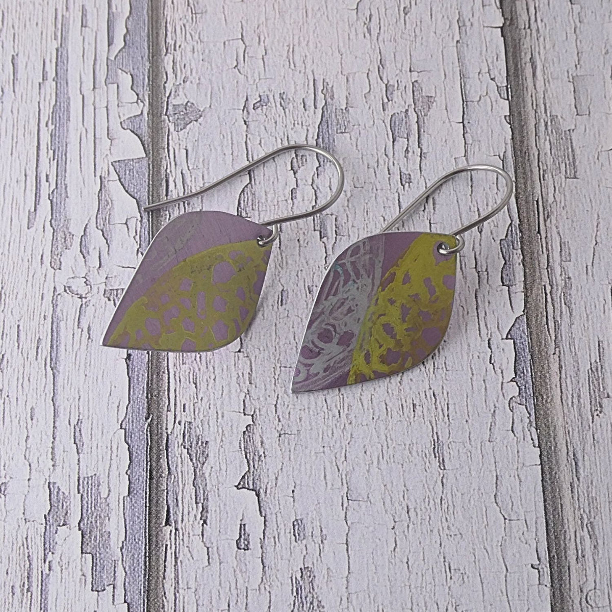Hand printed anodised aluminium earrings - Lemon Lace Collection