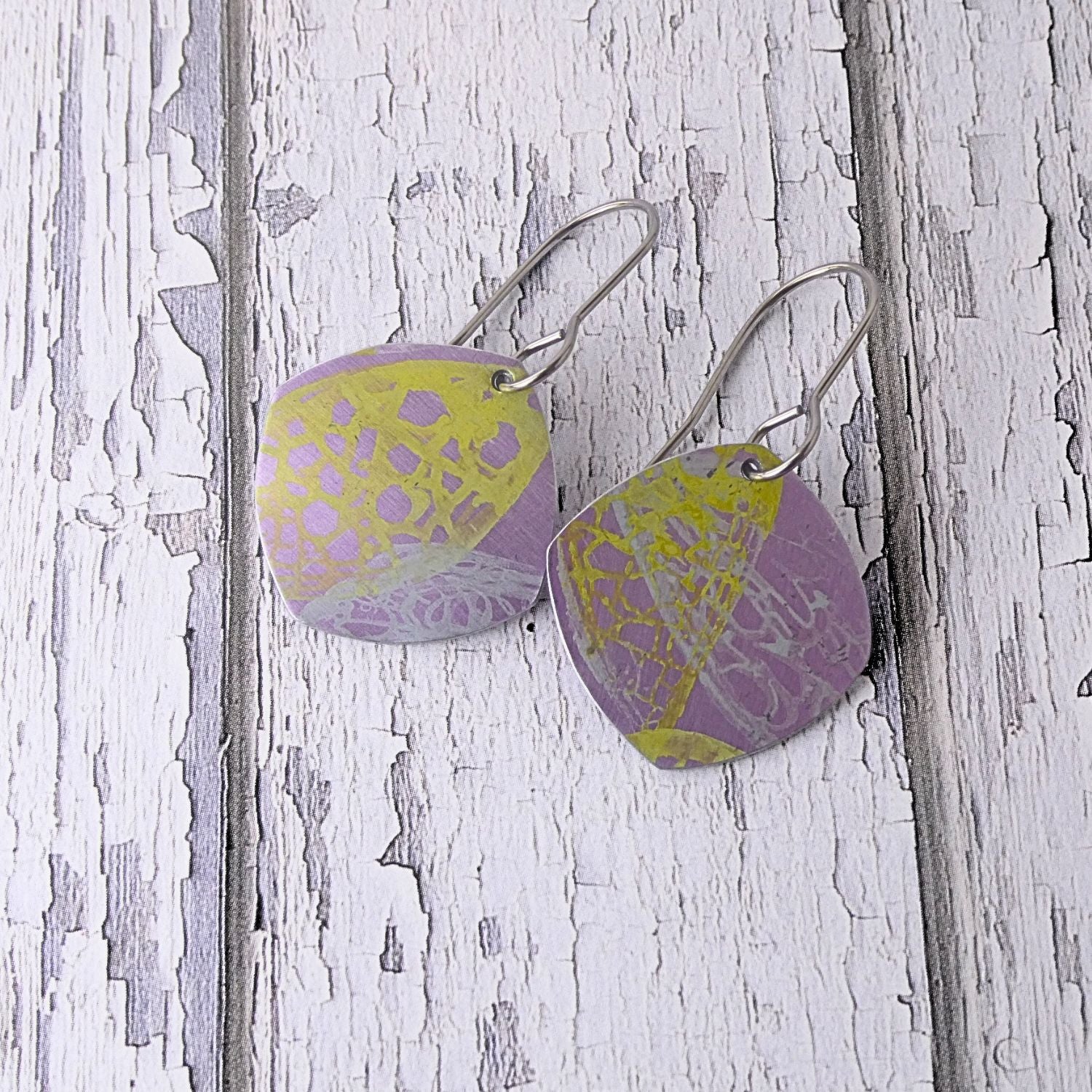 Anodised aluminium earrings hand printed Lemon Lace Collection
