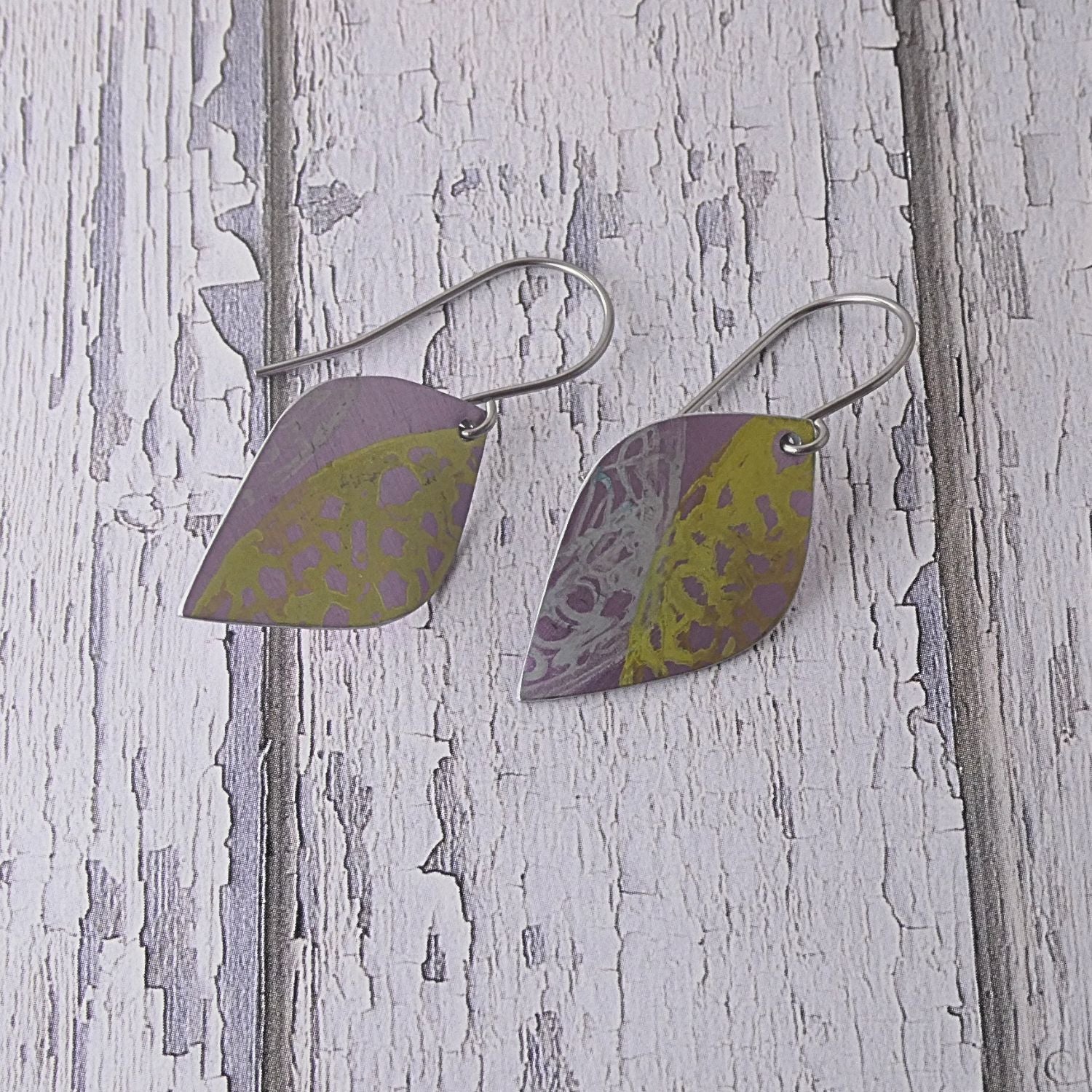 Anodised aluminium earrings hand printed Lemon Lace Collection