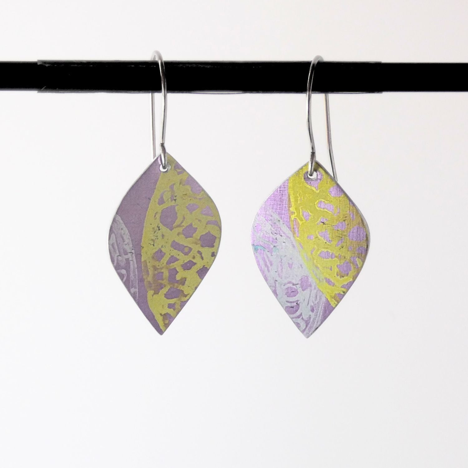 Anodised aluminium earrings hand printed Lemon Lace Collection
