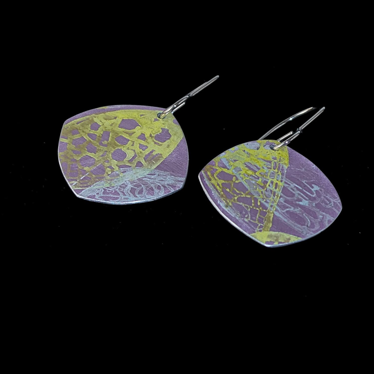 Anodised aluminium earrings hand printed Lemon Lace Collection