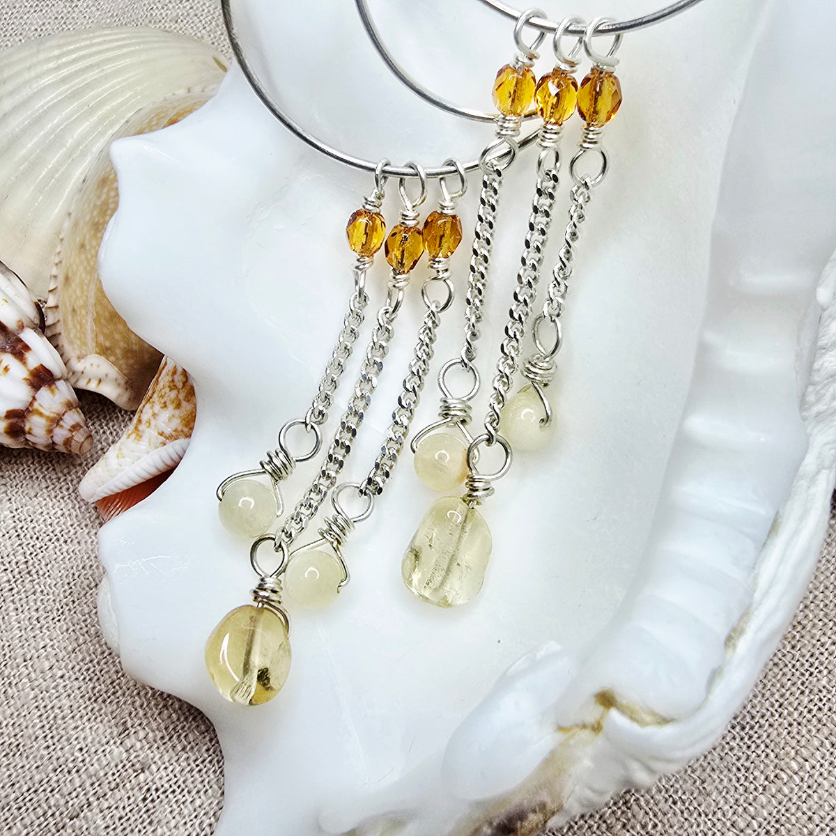 Crescent Moon Earrings in Sterling Silver with Citrine & Onyx