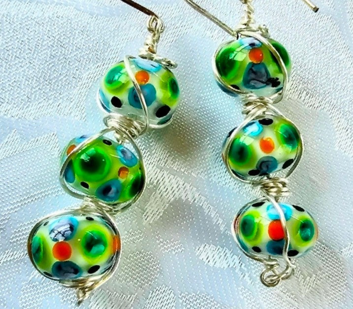 Speckled Beads Drop Earrings - Green tones FREE POST