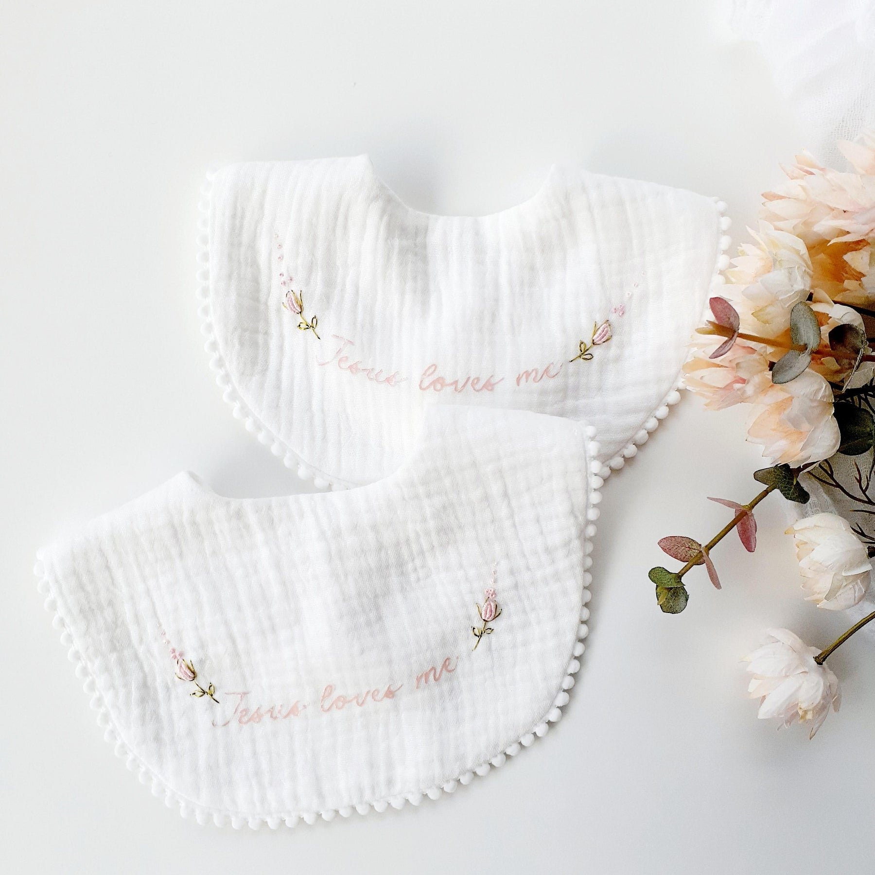 Embroidered Floral Baby Bib • Vintage-Style Scalloped Keepsake, Jesus Loves Me