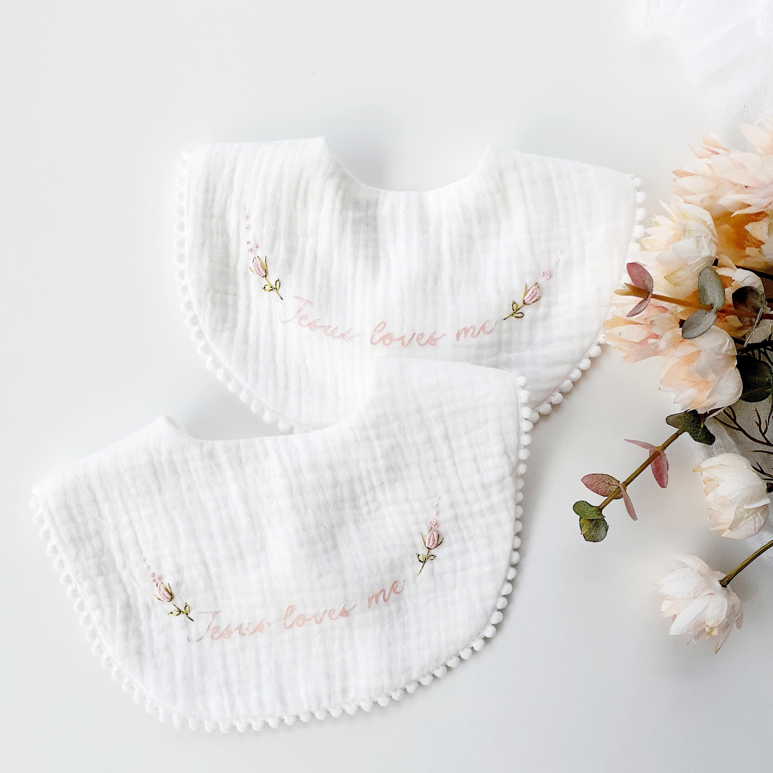Embroidered Floral Baby Bib • Vintage-Style Scalloped Keepsake, Jesus Loves Me