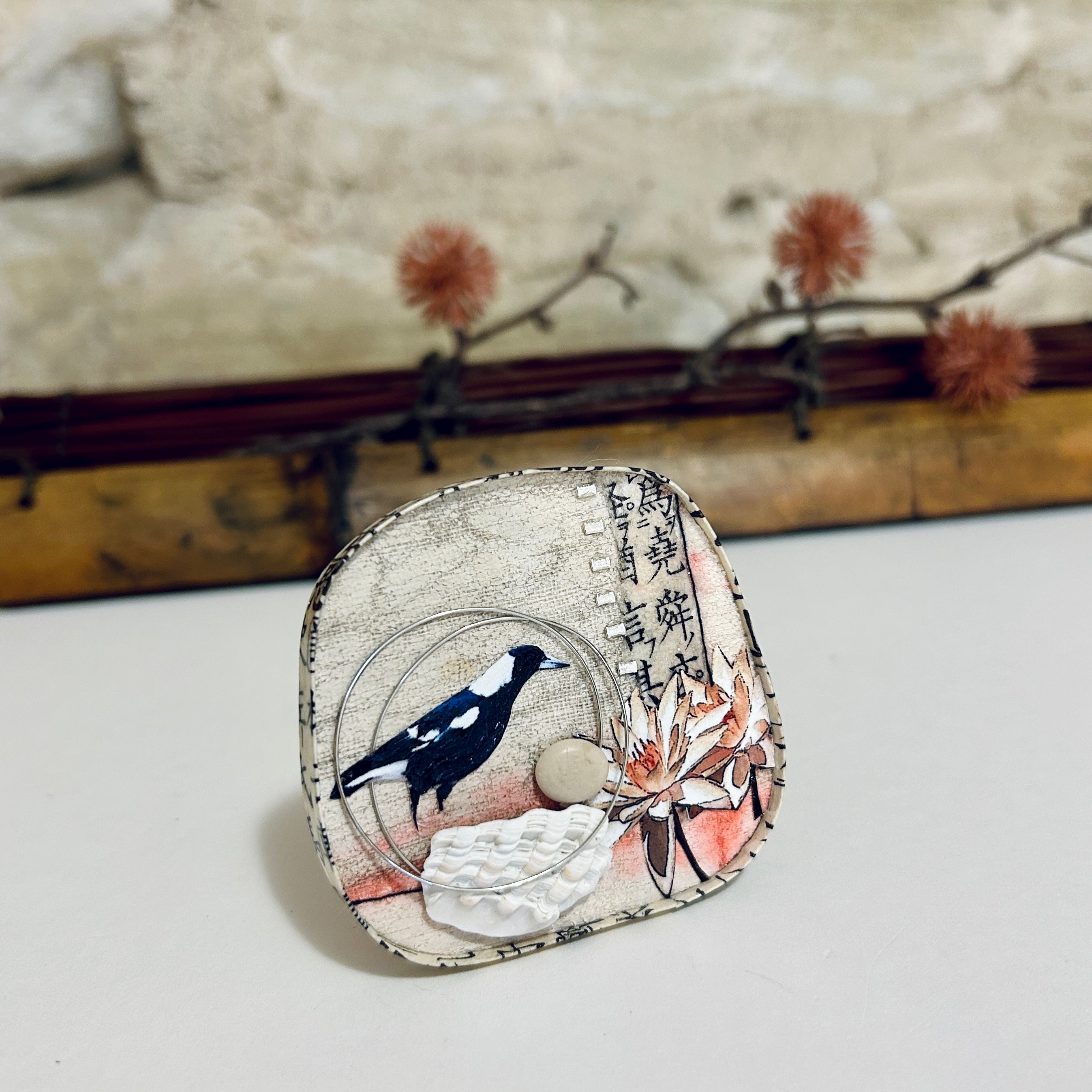 Miniature Magpie Art Pendant Necklace Brooch-6cm x 6.5cm