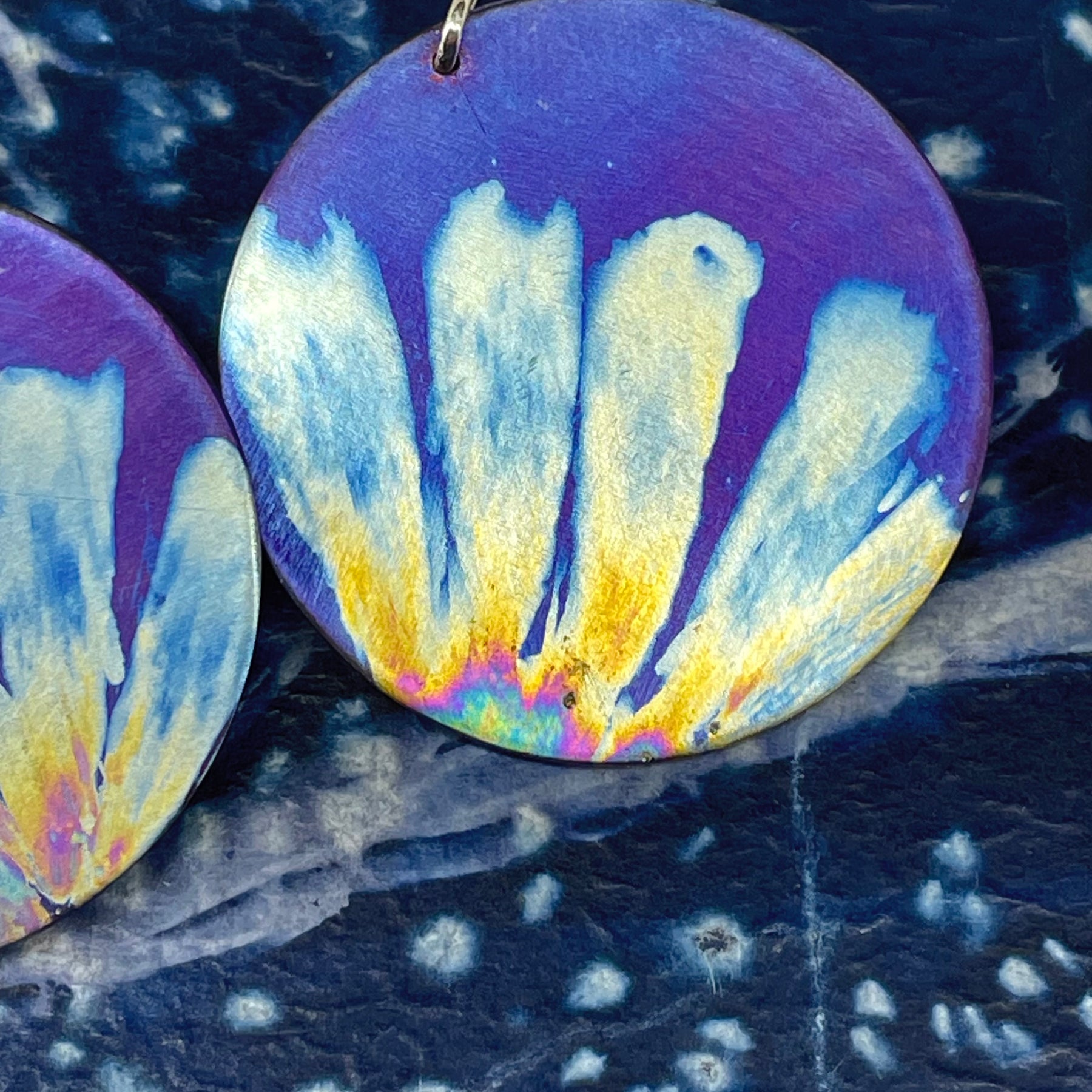Titanium Disc Earrings Daisy Design - Purple and Ice Blue