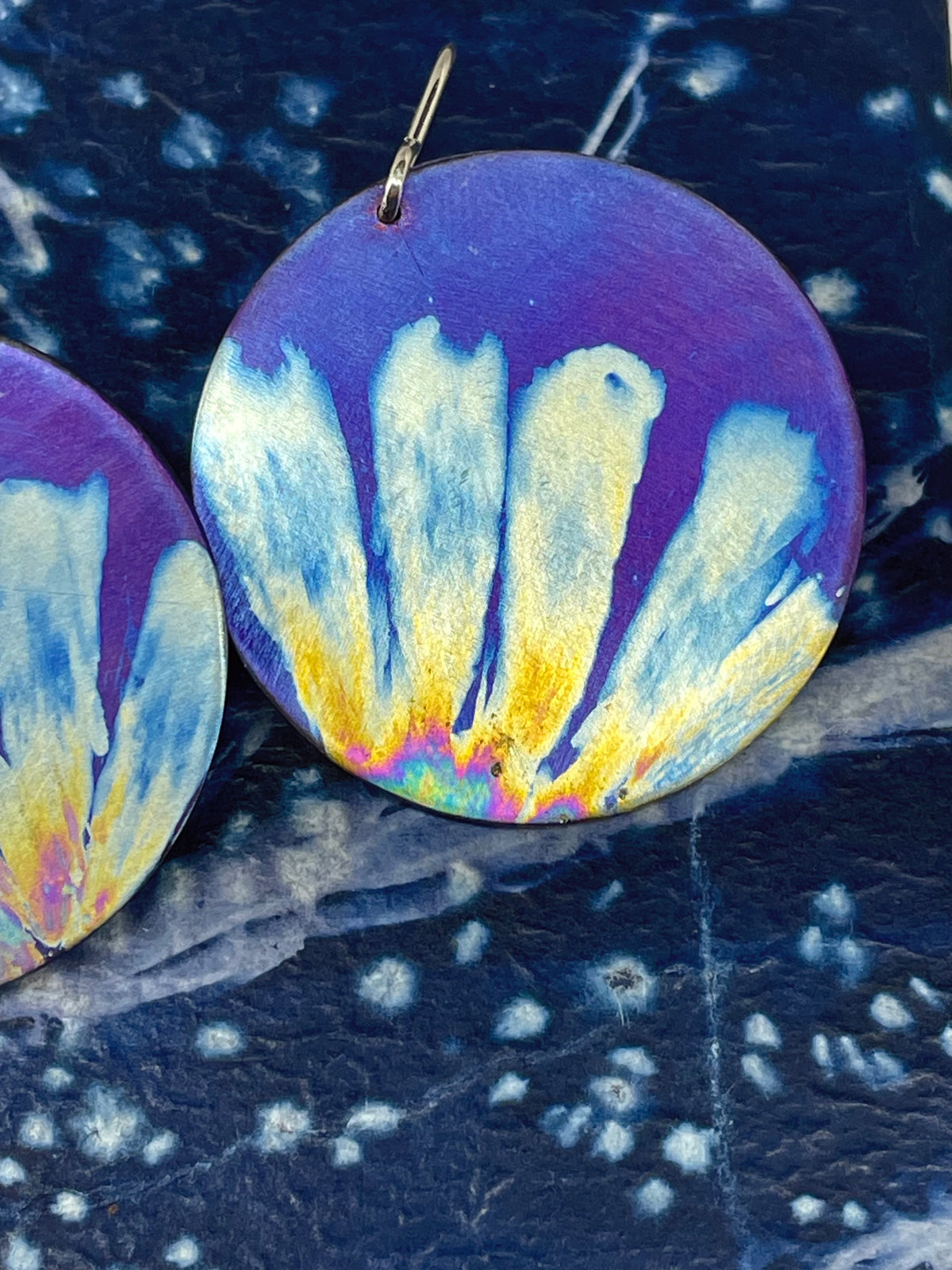 Titanium Disc Earrings Daisy Design - Purple and Ice Blue