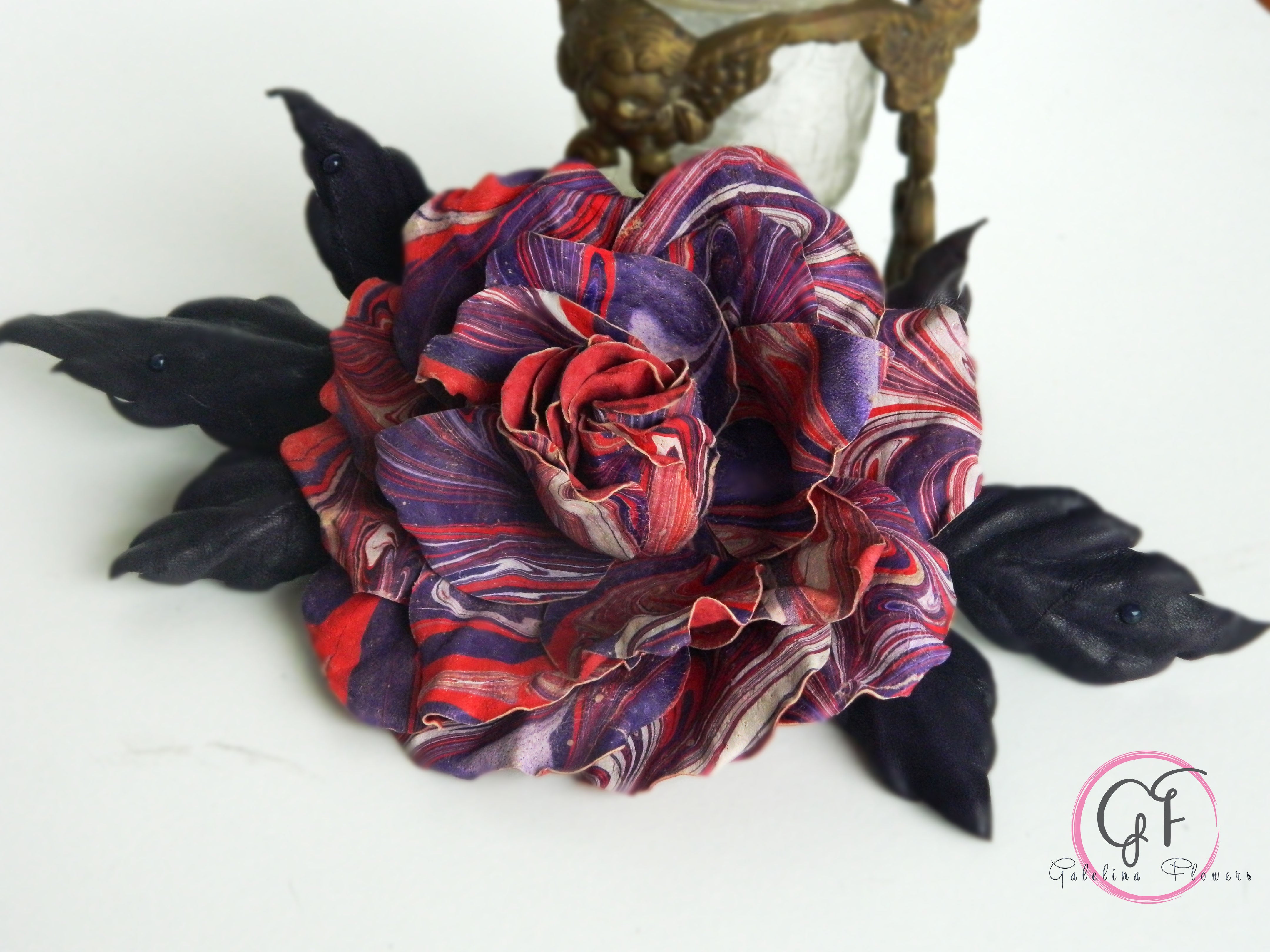 Leather Rose “Marble Flame” , Flower Brooch, Hair Hat clip
