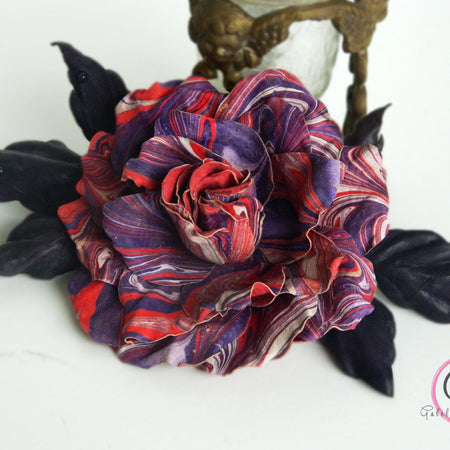 Leather Rose “Marble Flame” , Flower Brooch, Hair Hat clip