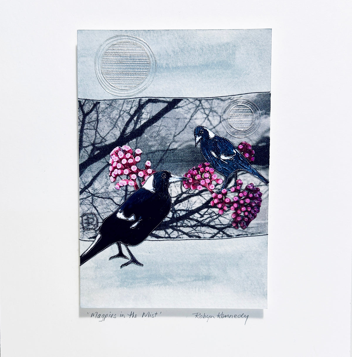 Unframed Collage Art - Magpies & Pink Flowers