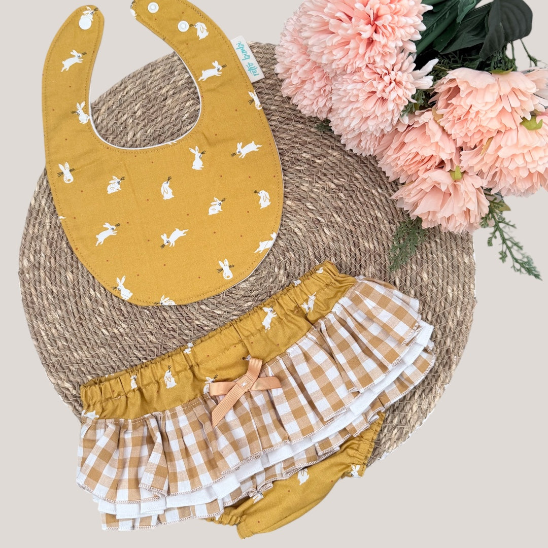 Ruffled Nappy Cover & Dribble Bib Set - Mustard Bunny - Size 0