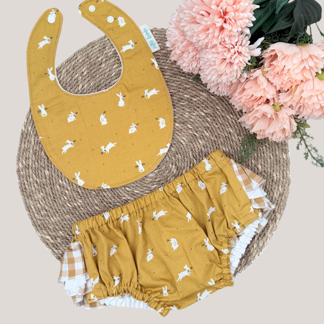 Ruffled Nappy Cover & Dribble Bib Set - Mustard Bunny - Size 0