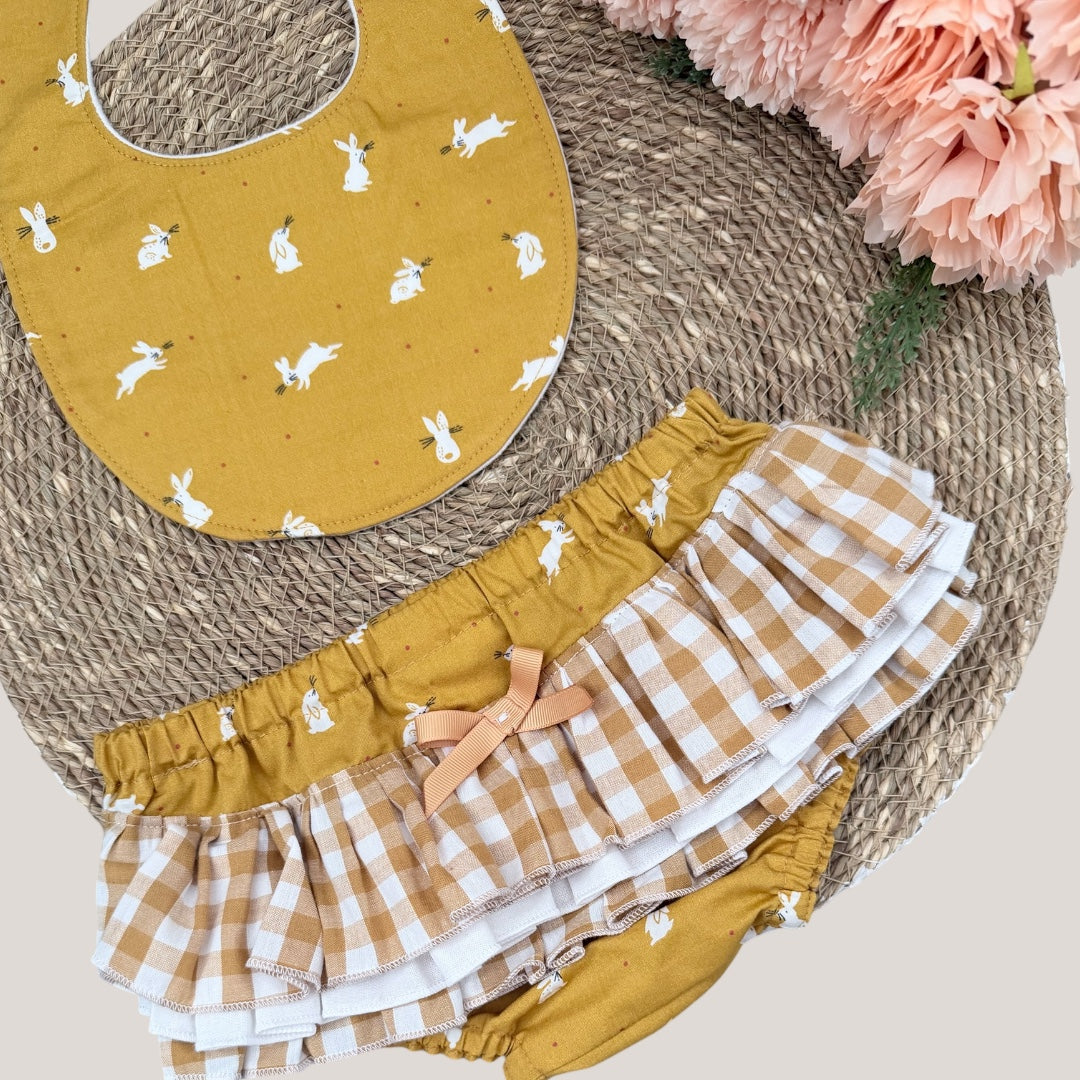 Ruffled Nappy Cover & Dribble Bib Set - Mustard Bunny - Size 0
