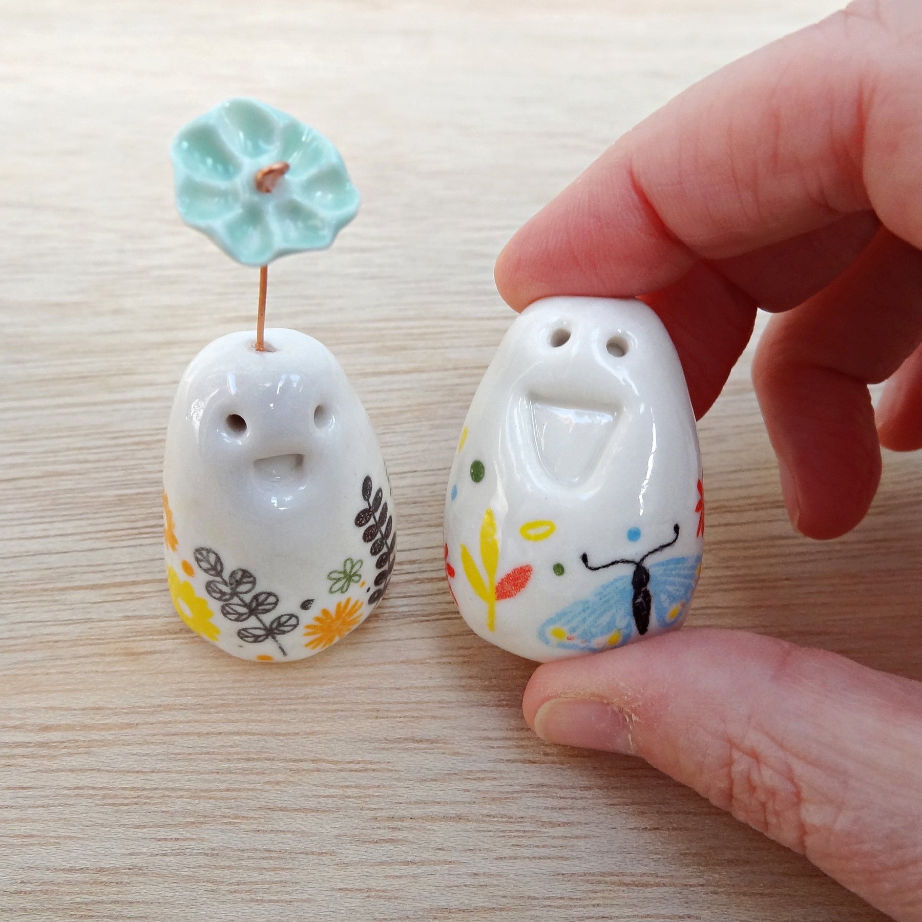 Set of 2 miniature ceramic pebble pets. Collectable tiny ceramic pottery stone friends. Handmade Whimsical Shelf or desk decor