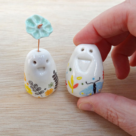 Set of 2 miniature ceramic pebble pets. Collectable tiny ceramic pottery stone friends. Handmade Whimsical Shelf or desk decor