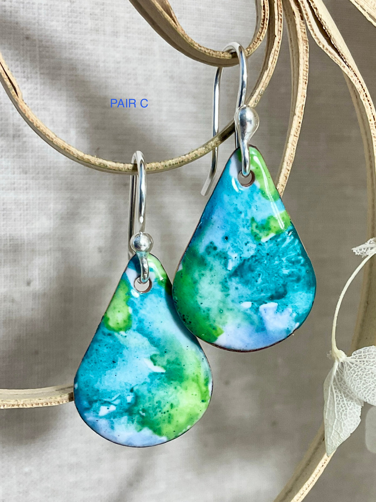 Teardrop enamel earrings. Marble effect. Hand painted.