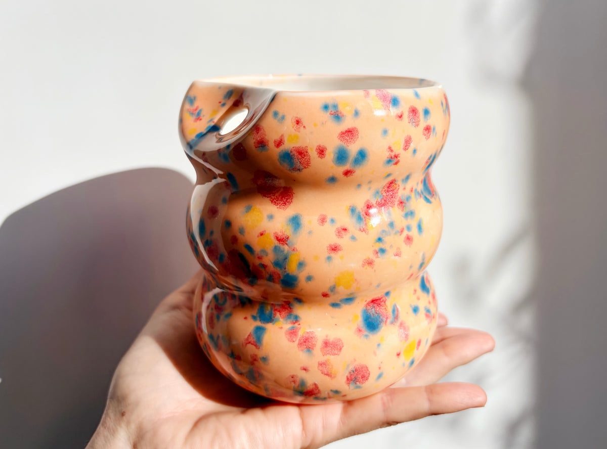 Handcarfted Porcelain Tumbler with Silicon Straw, 600mL Bubble Cup in Peachy Glaze