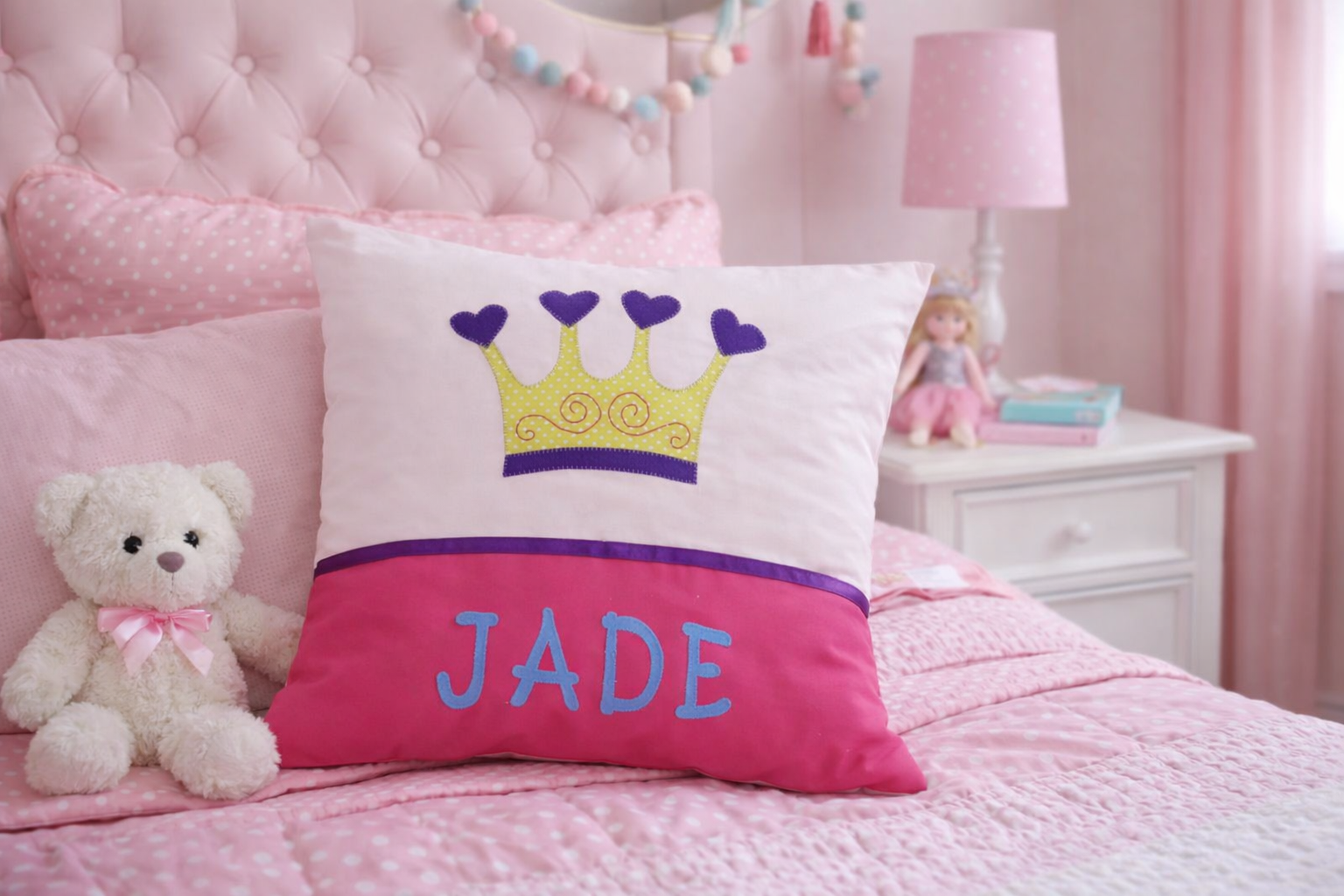 Personalised Kids Cushion | Custom Name Pillow | Handmade Applique Cushion | Nursery Decor - Princess Crown