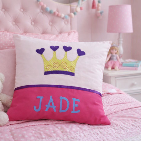 Personalised Kids Cushion | Custom Name Pillow | Handmade Applique Cushion | Nursery Decor - Princess Crown