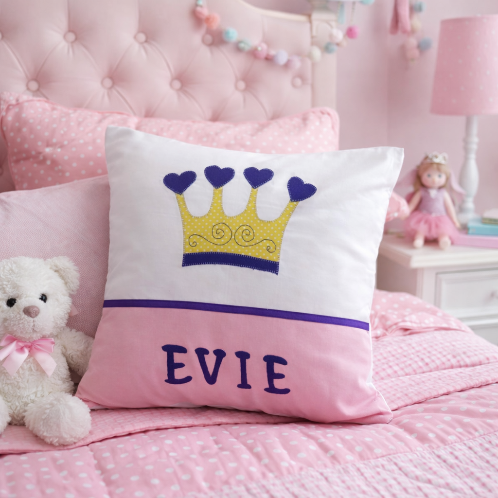 Personalised Kids Cushion | Custom Name Pillow | Handmade Applique Cushion | Nursery Decor - Princess Crown