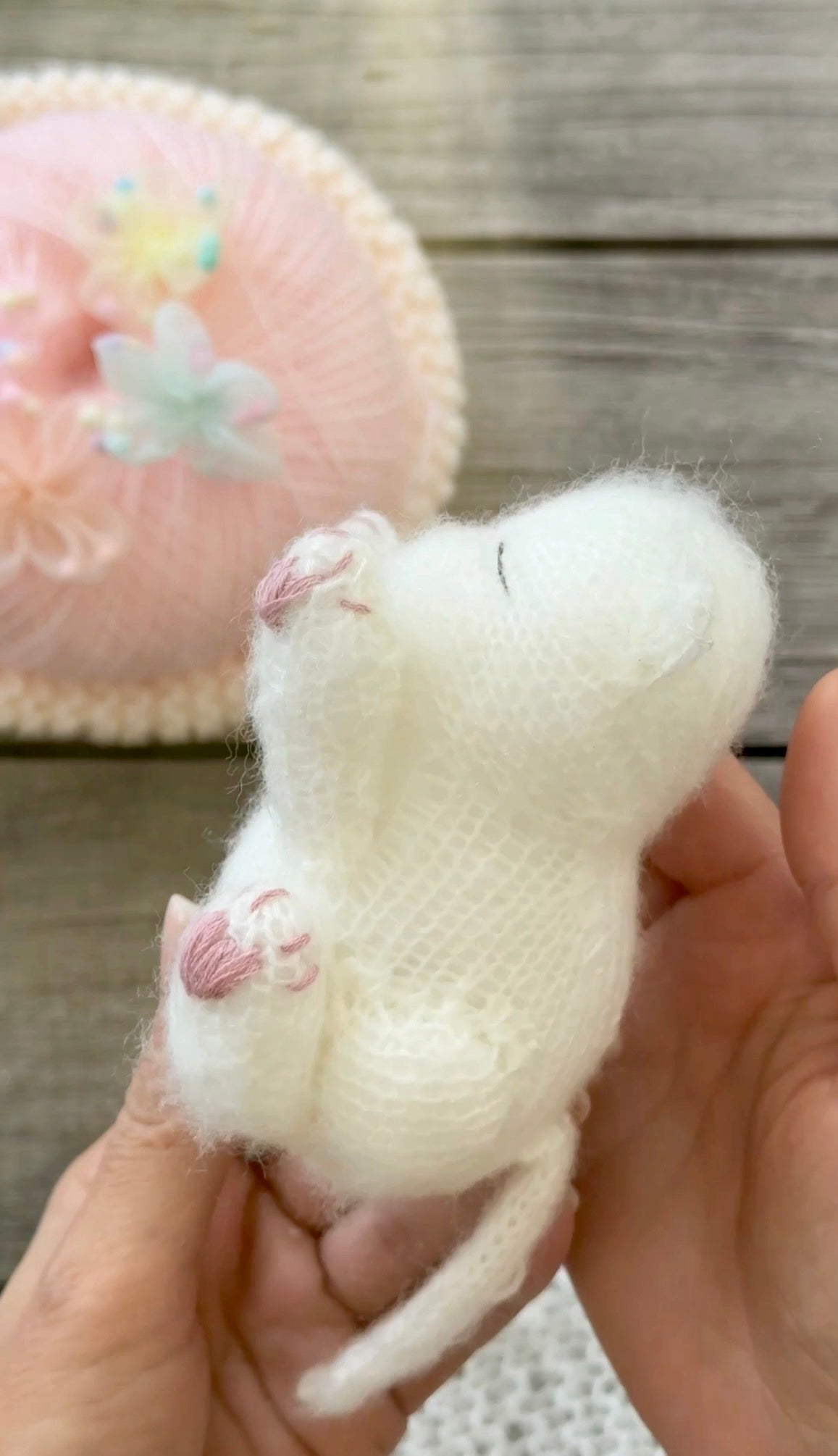 Handmade White Knitted Sleeping Kitten in Blue Bunny Bonnet and Blanket with Butterfly Toy
