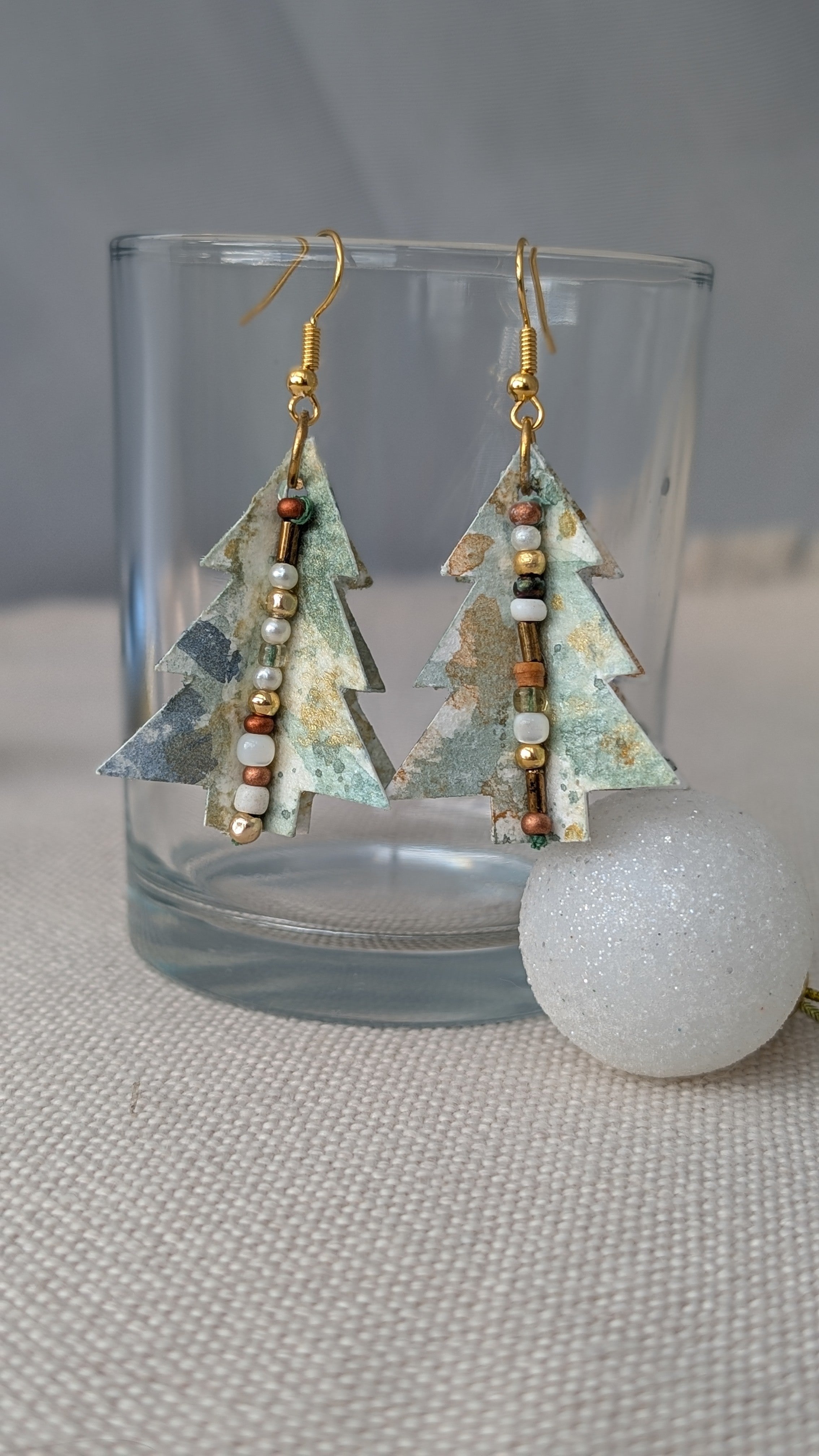 Hand painted Christmas Tree Earrings | Lightweight Paper Jewellery | Festive Beaded Earrings