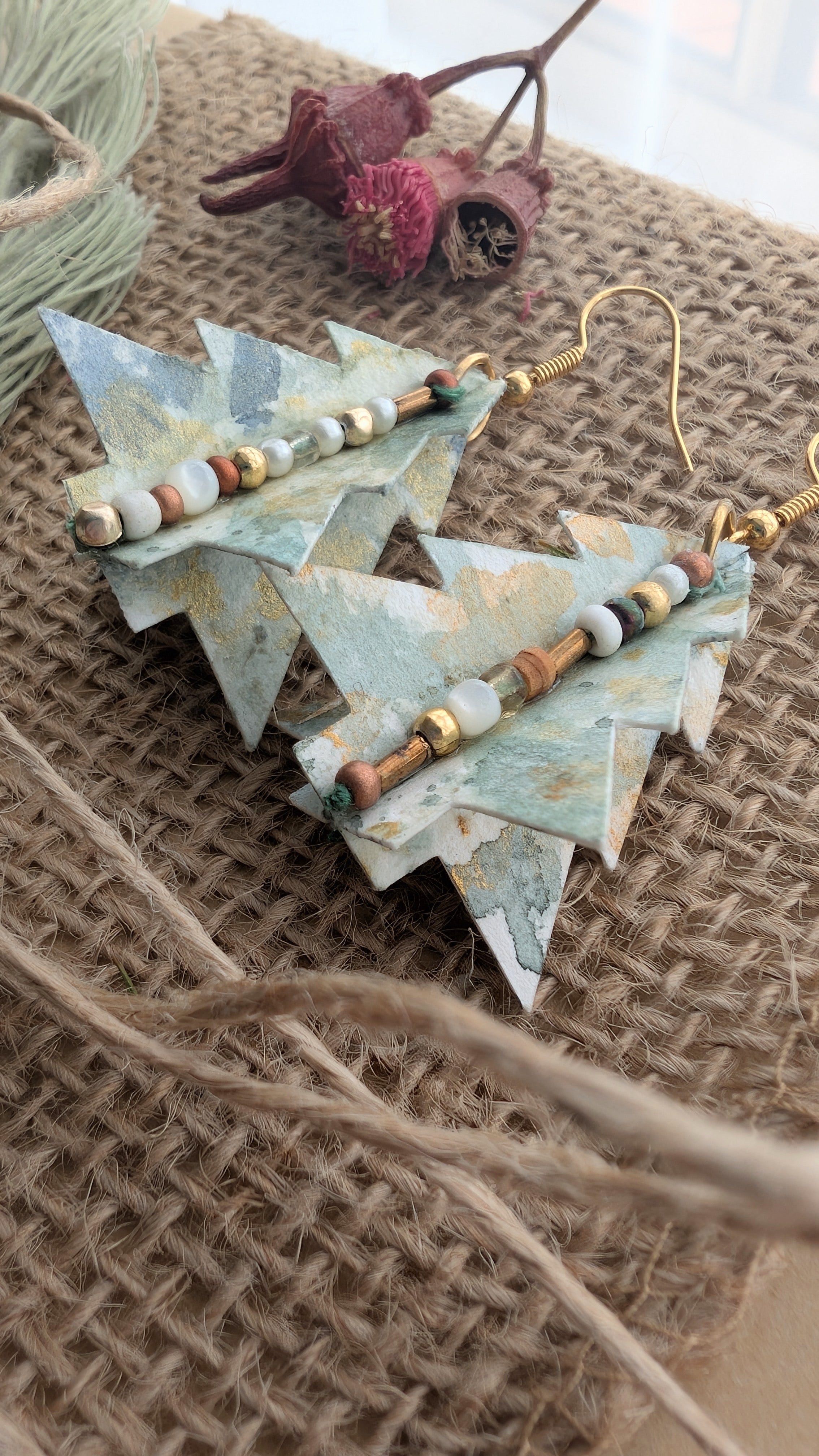 Hand painted Christmas Tree Earrings | Lightweight Paper Jewellery | Festive Beaded Earrings