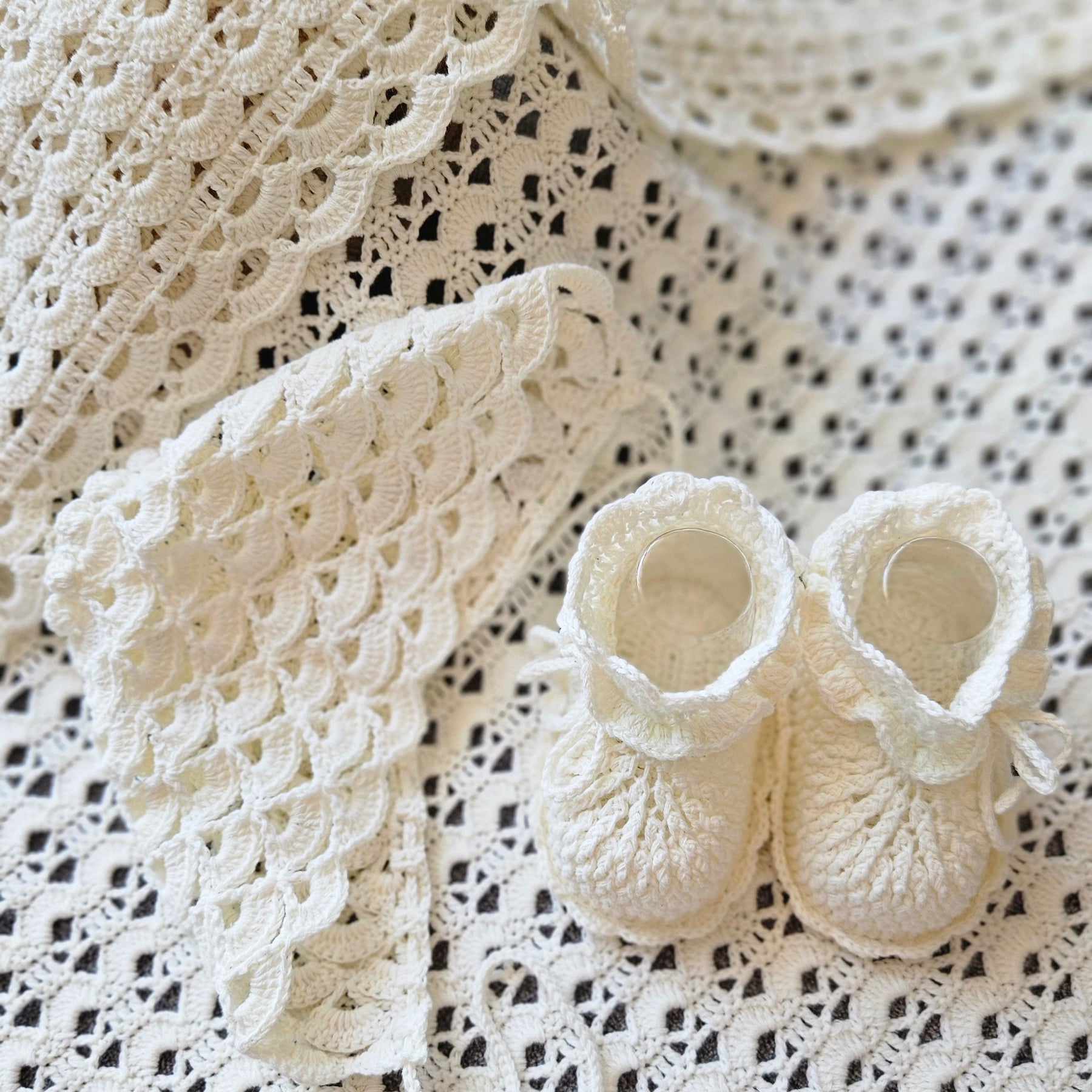 Handmade Newborn Crochet Gift Set – Cotton Blanket, Bonnet & Booties