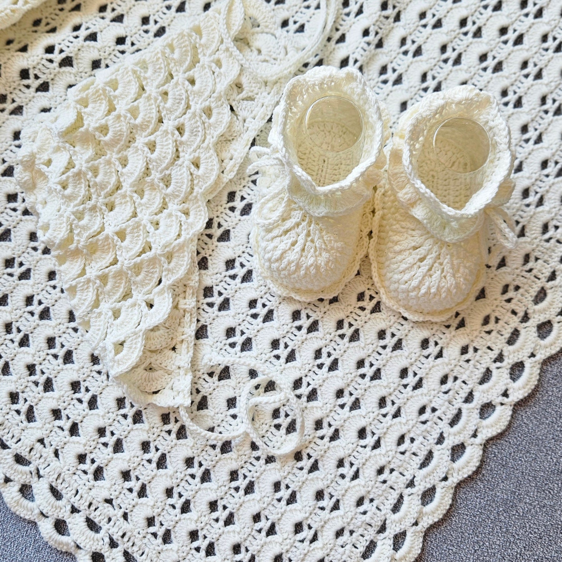 Handmade Newborn Crochet Gift Set – Cotton Blanket, Bonnet & Booties