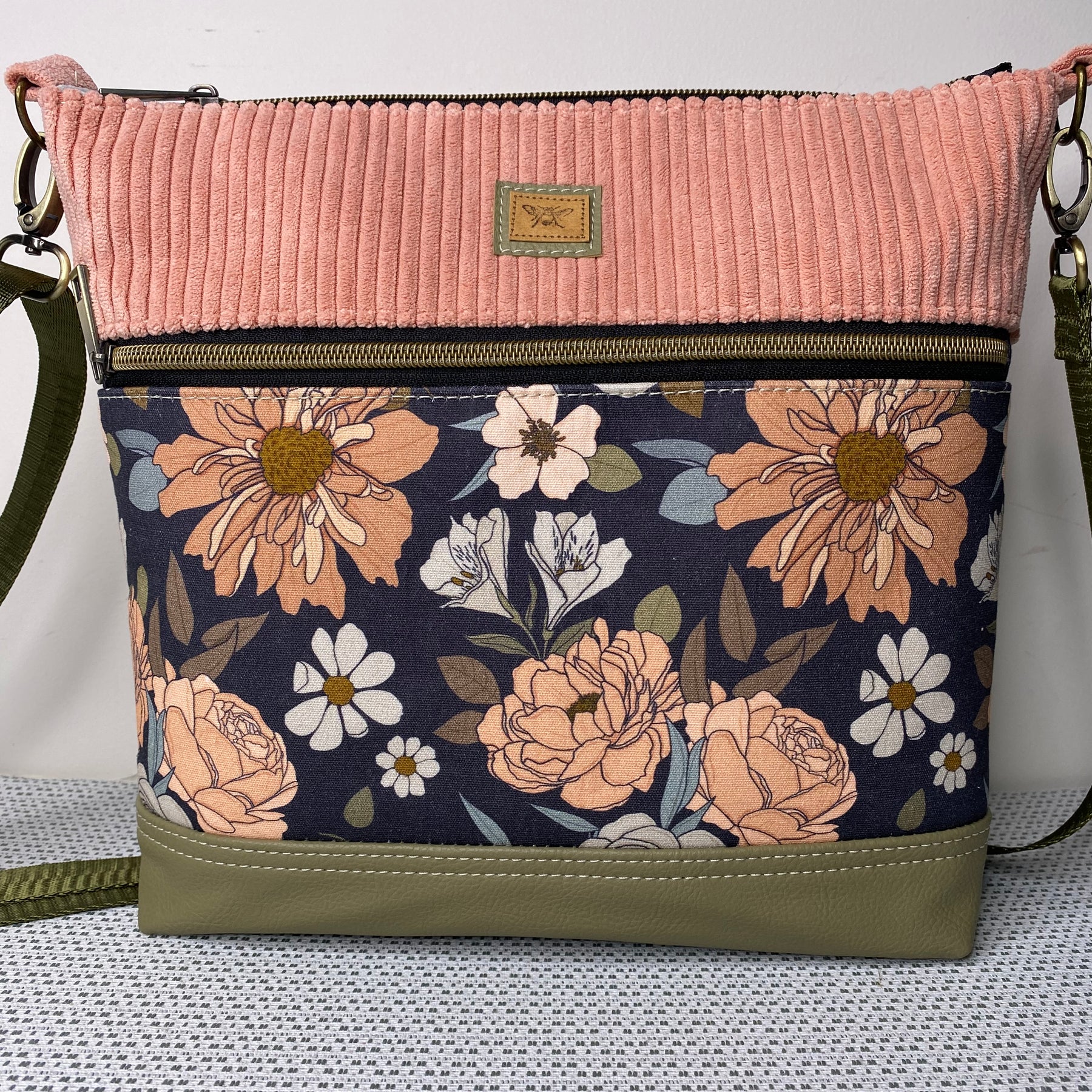 Lola Crossbody Bag - Pink Roses & Pink Corduroy Fabric with Olive Green Faux Leather Base
