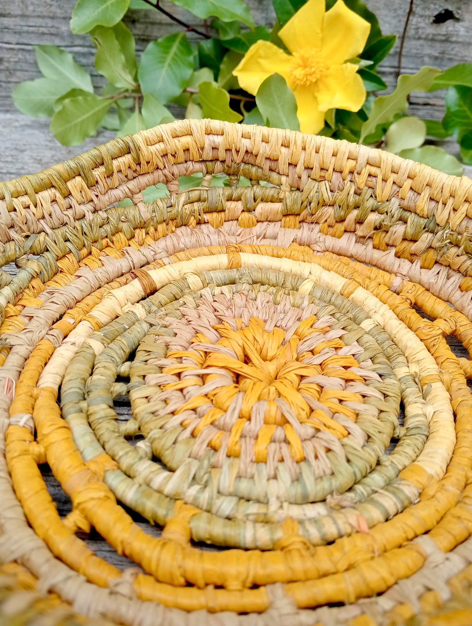 Small ornamental basket in saffron and green