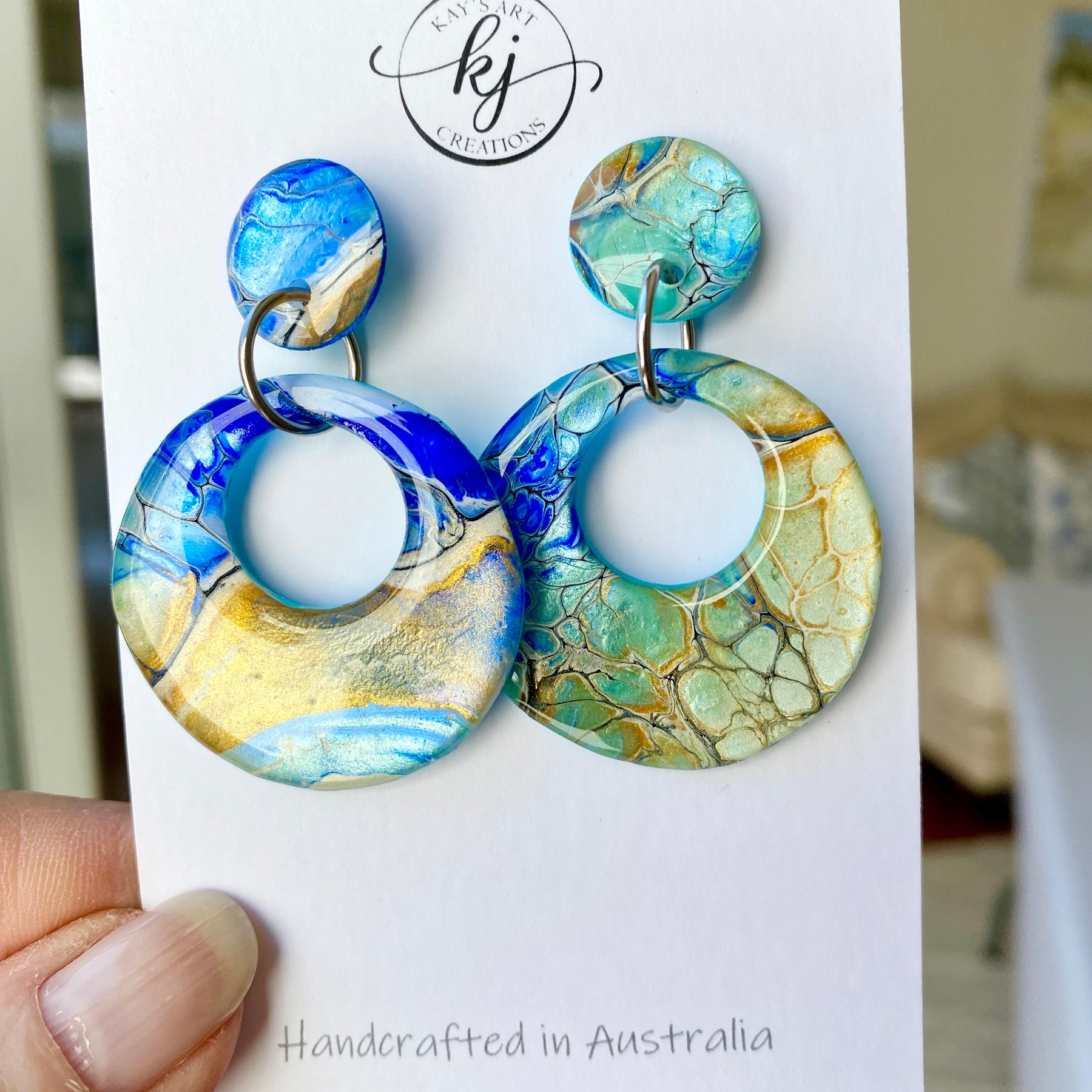 Hand Painted Turquoise Ultramarine Stud Dangle Earrings