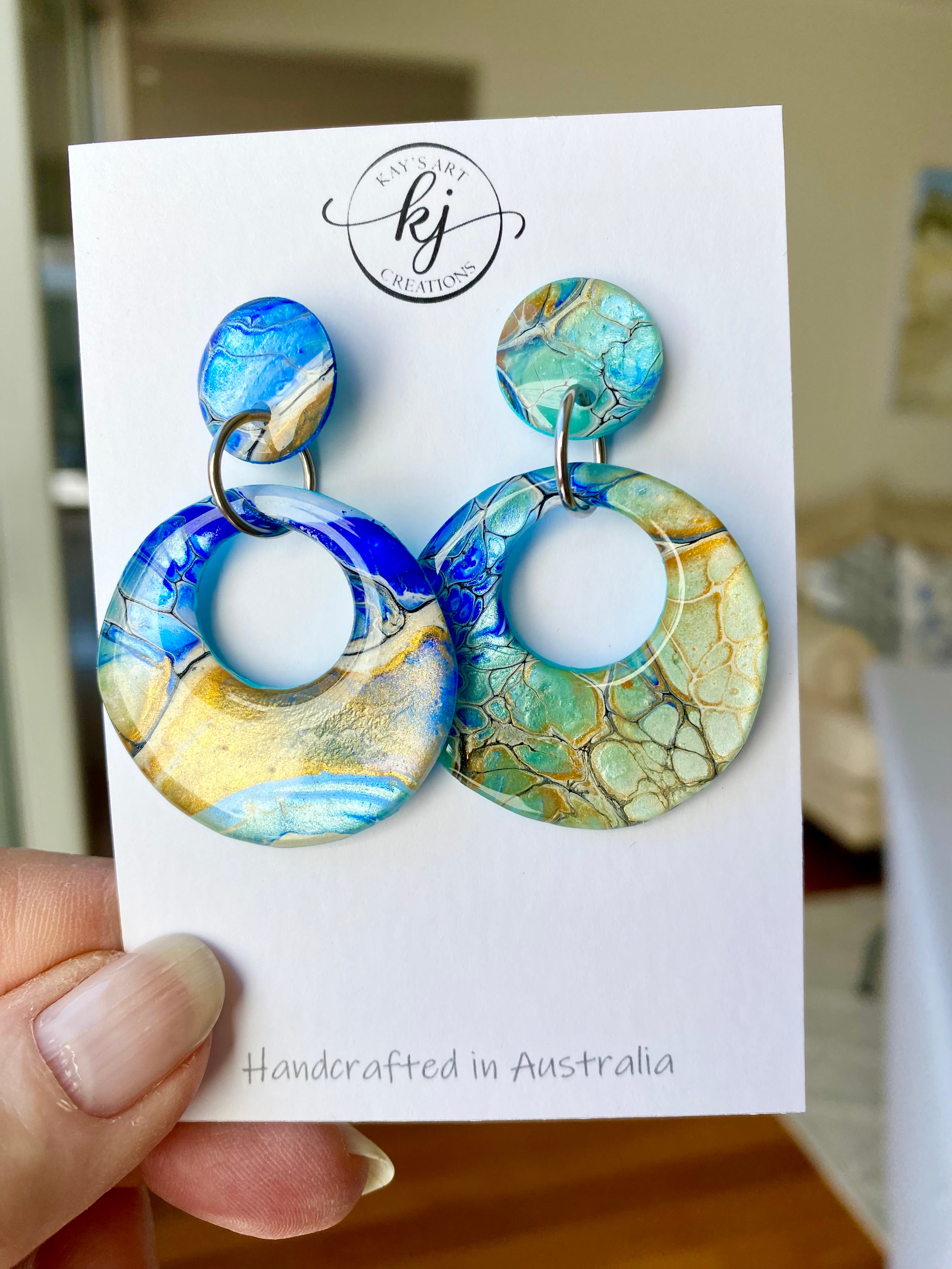 Hand Painted Turquoise Ultramarine Stud Dangle Earrings