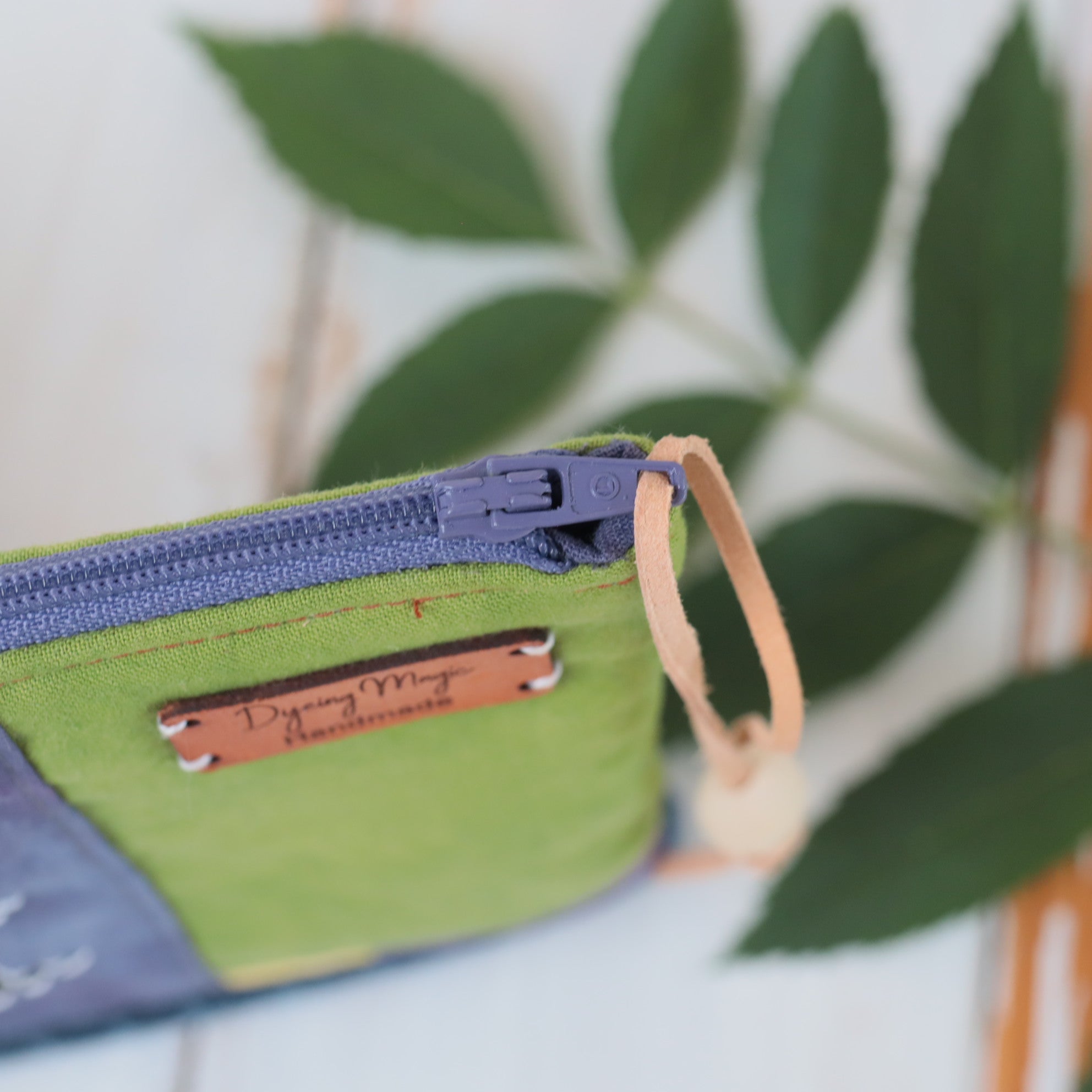 Hand Dyed Zipper Pouch, Makeup Bag, Sewing Pouch. Green and Ochre