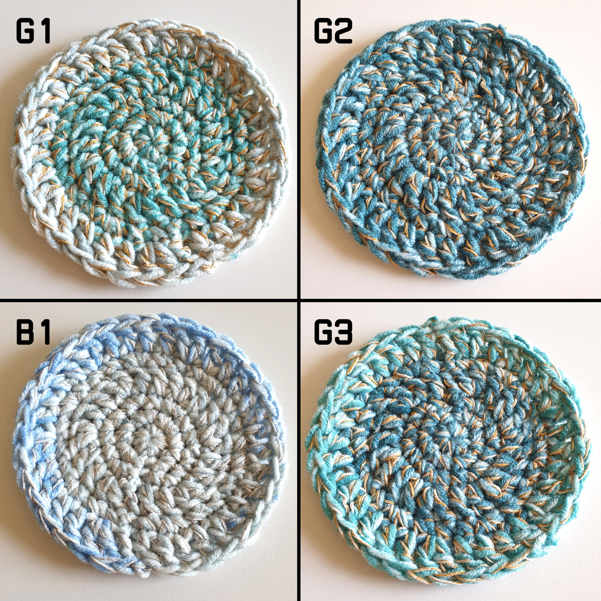 Hand crocheting Simple Round Coaster : Blue Green W Gold Silver